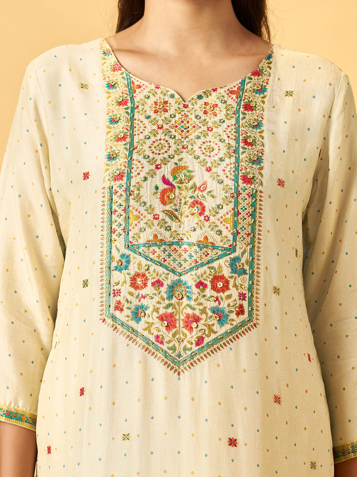 Off white cotton blend kurti set with teal jacquard dupatta