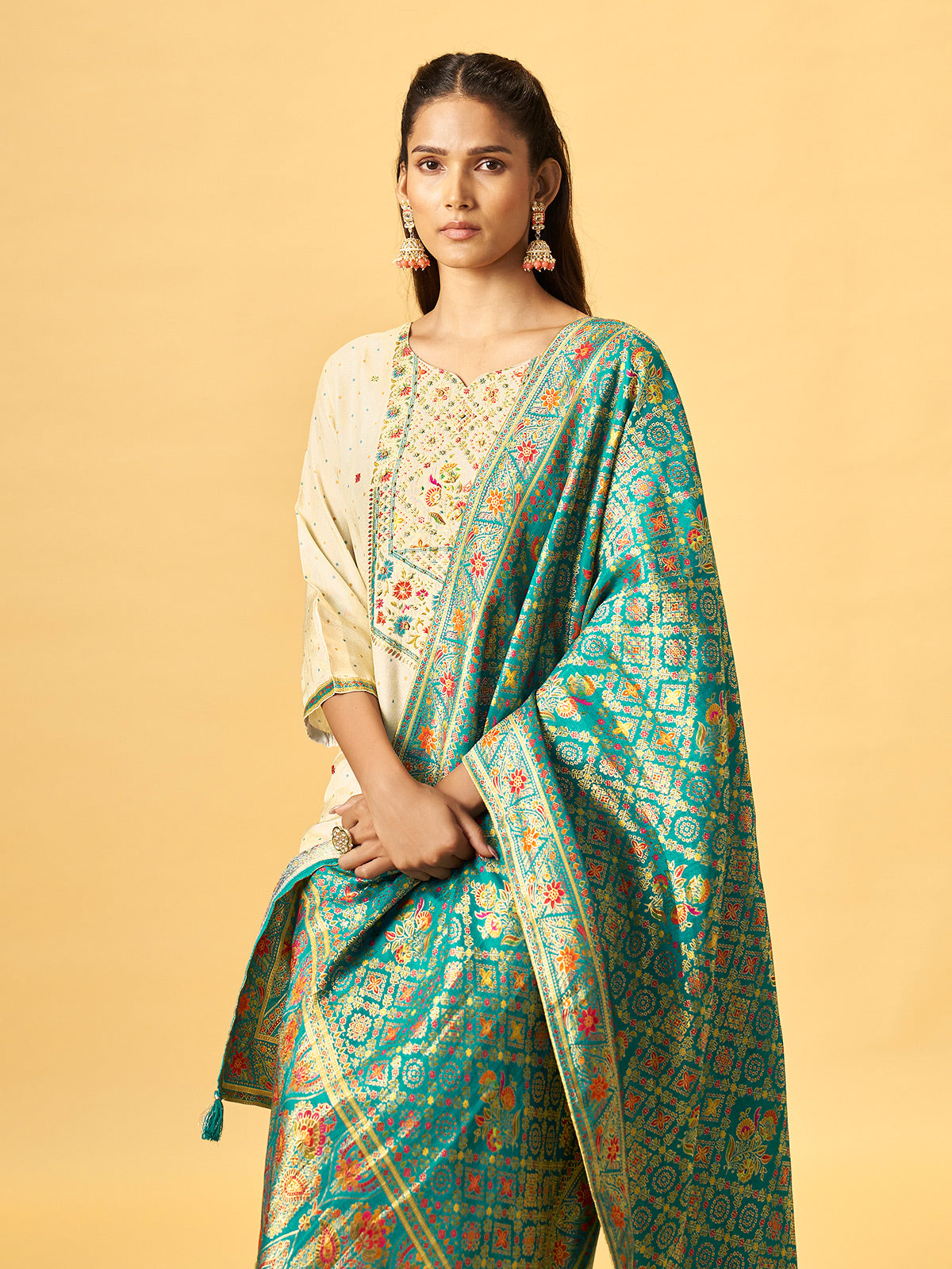 Off white cotton blend kurti set with teal jacquard dupatta