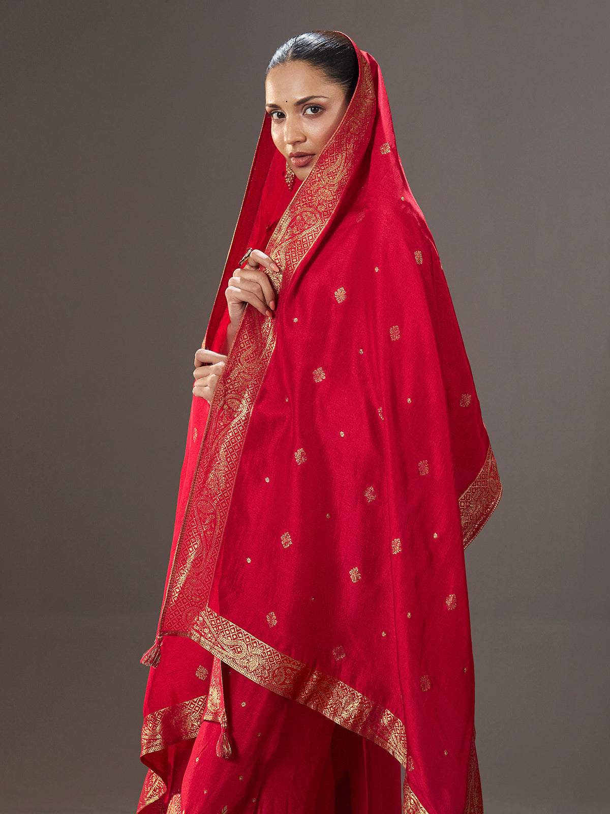 Crimson red silk blend kurti set with zari embellishments