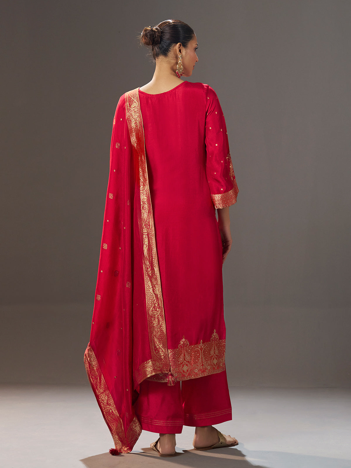 Crimson red silk blend kurti set with zari embellishments