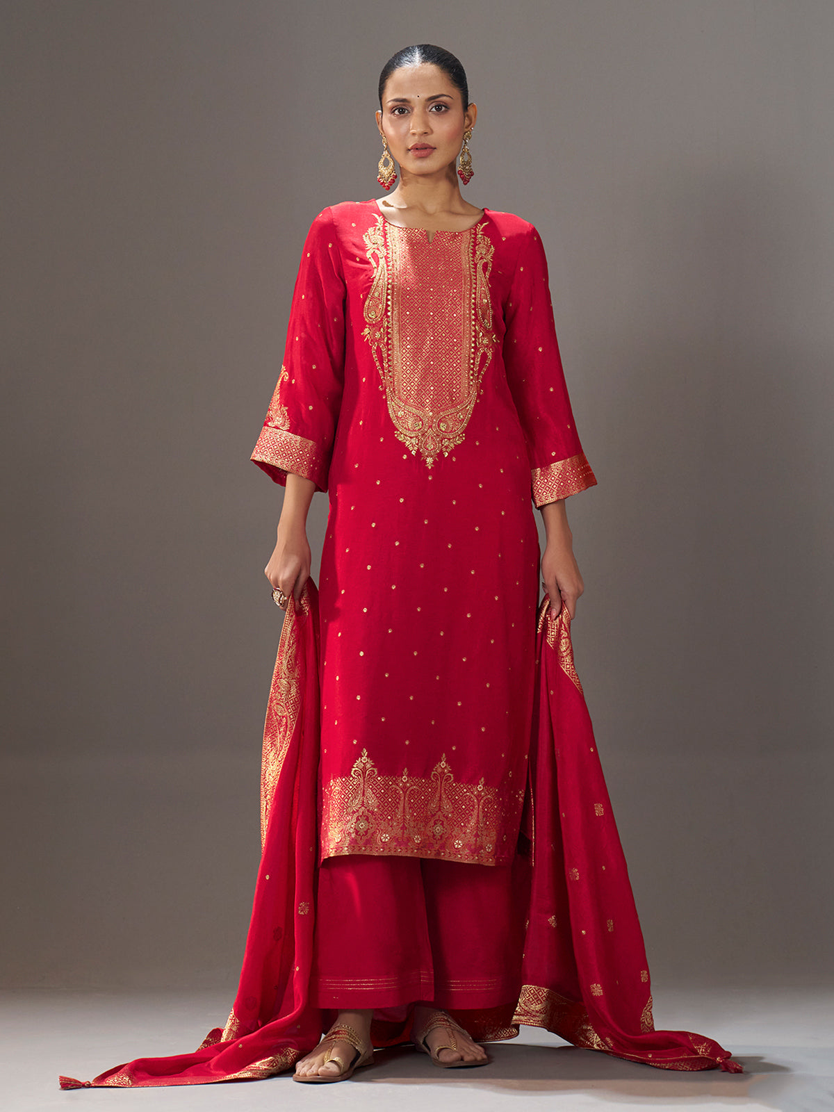 Crimson red silk blend kurti set with zari embellishments