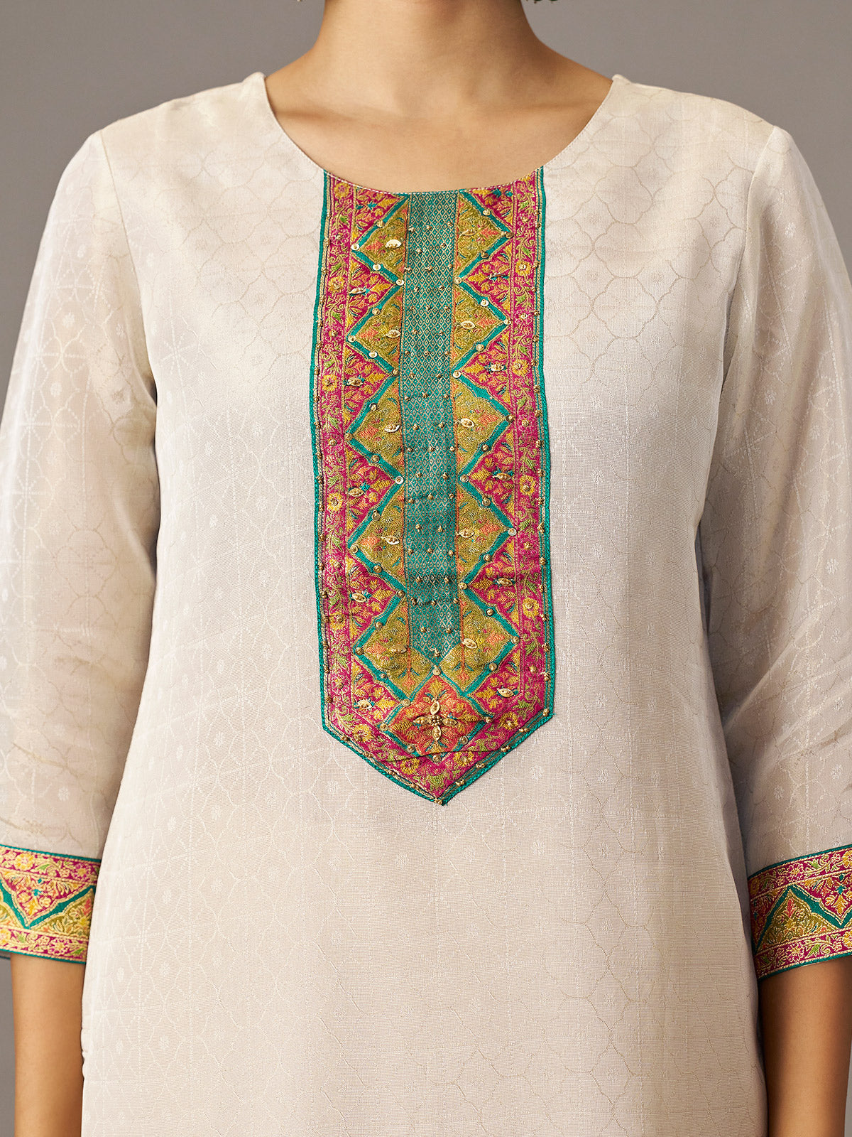 Off white cotton blend kurti set with multicolor jacquard dupatta