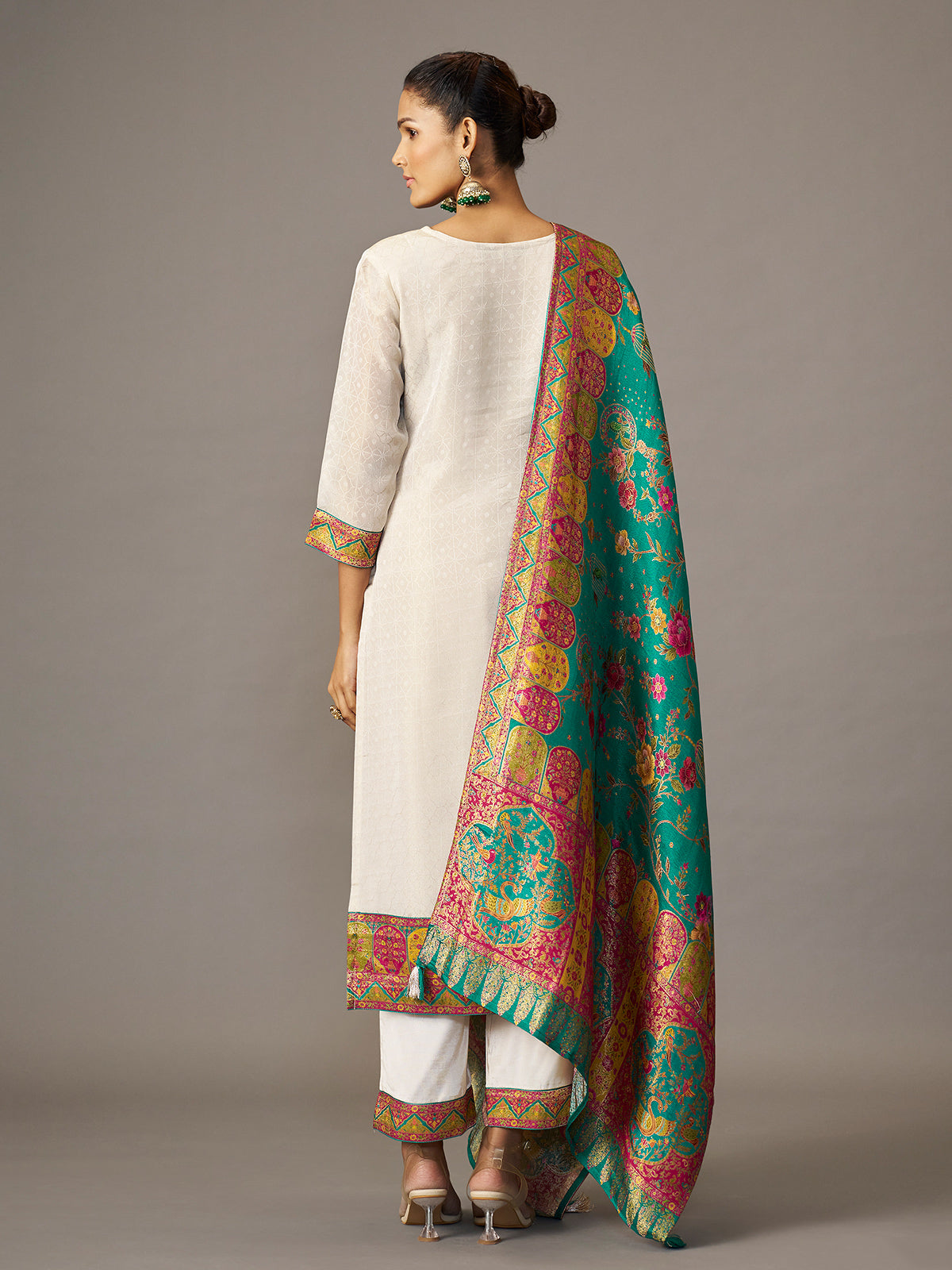 Off white cotton blend kurti set with multicolor jacquard dupatta