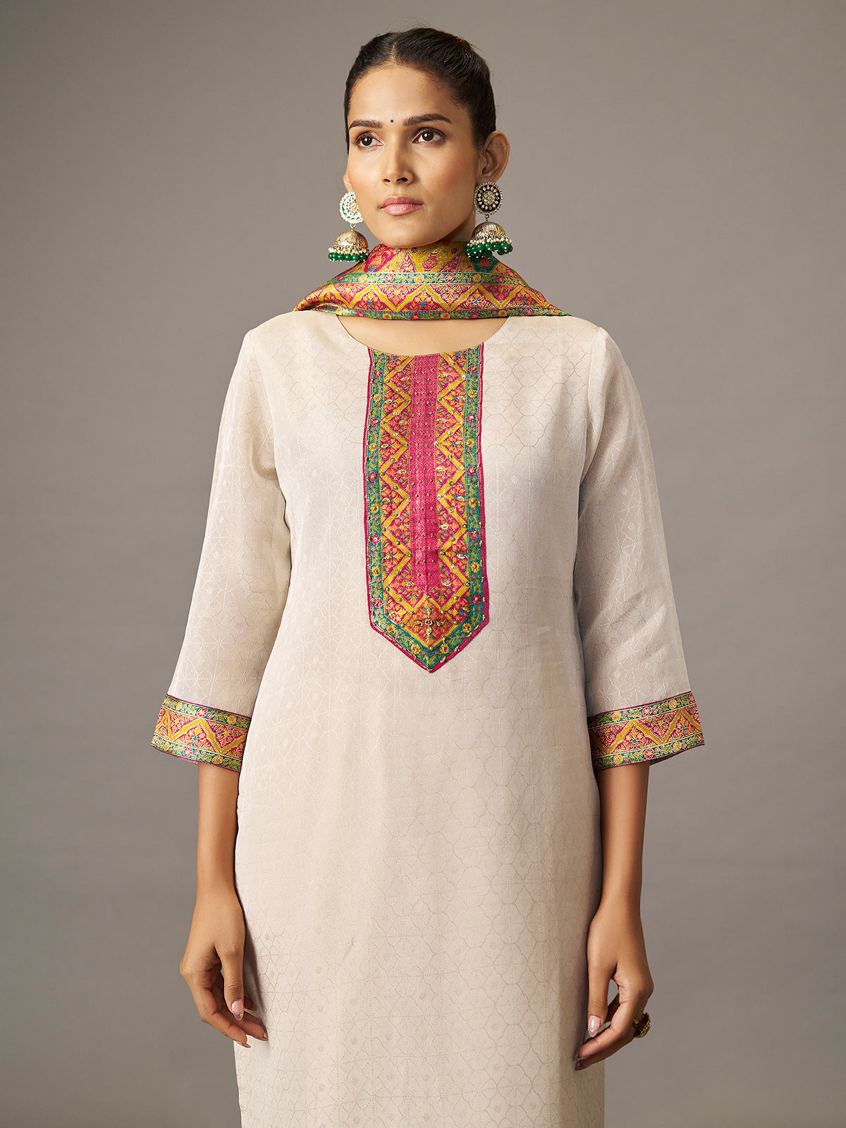 Off white ethnic kurti set with Rani pink jacquard dupatta