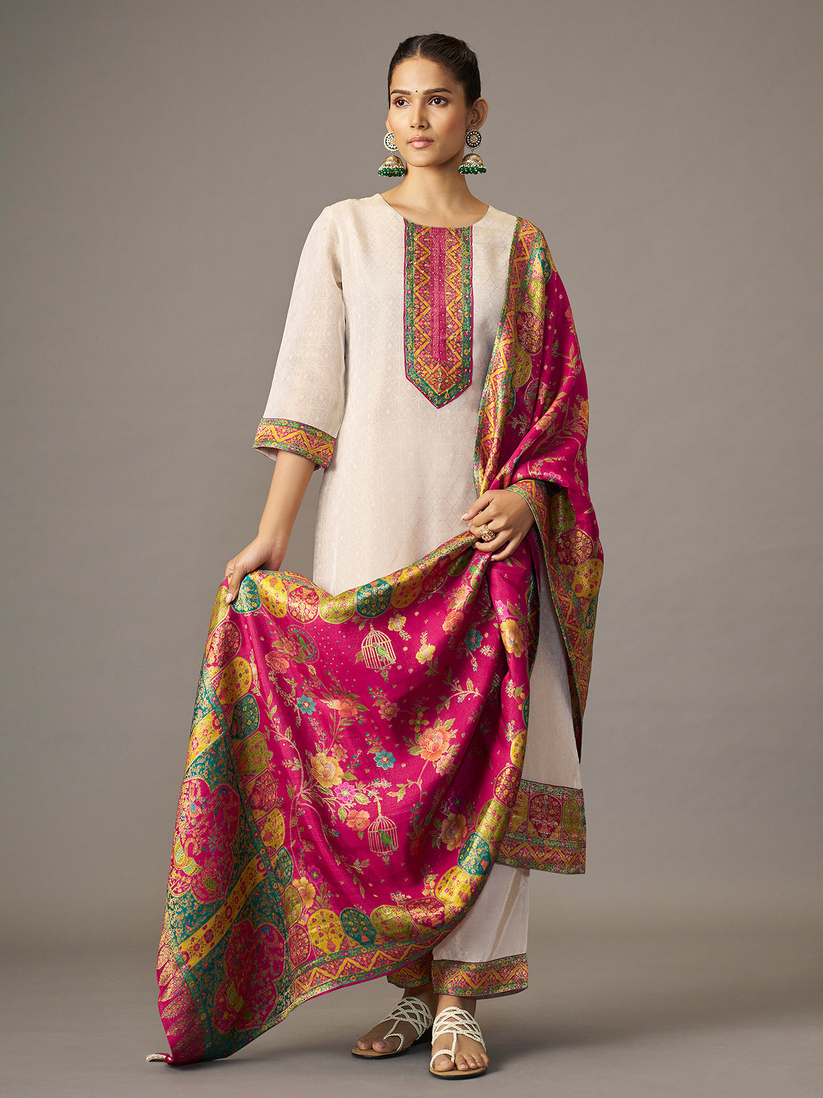 Off white ethnic kurti set with Rani pink jacquard dupatta
