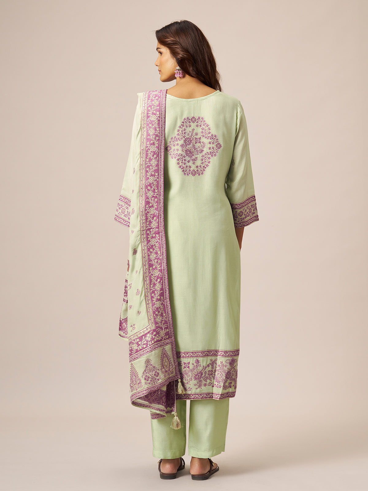 Pastel pistachio mint green cotton blend kurti set with zari work