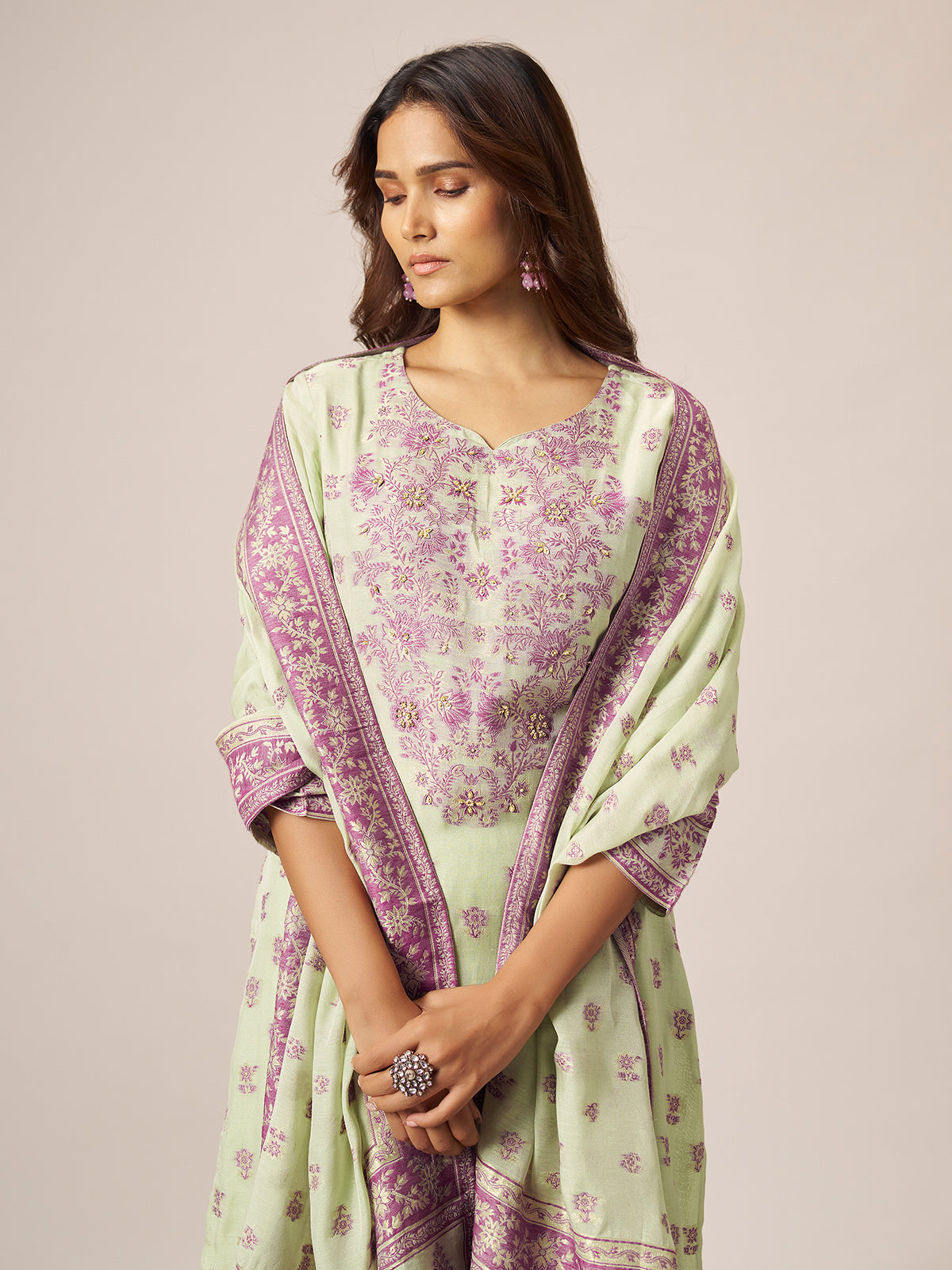 Pastel pistachio mint green cotton blend kurti set with zari work