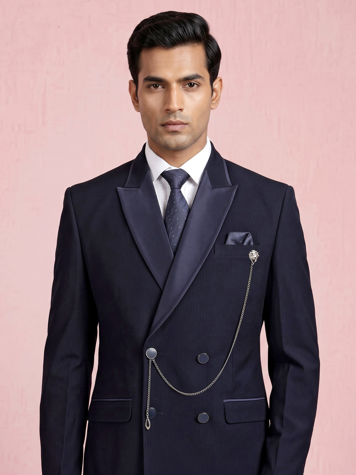Midnight navy double-breasted tuxedo suit with metallic brooch