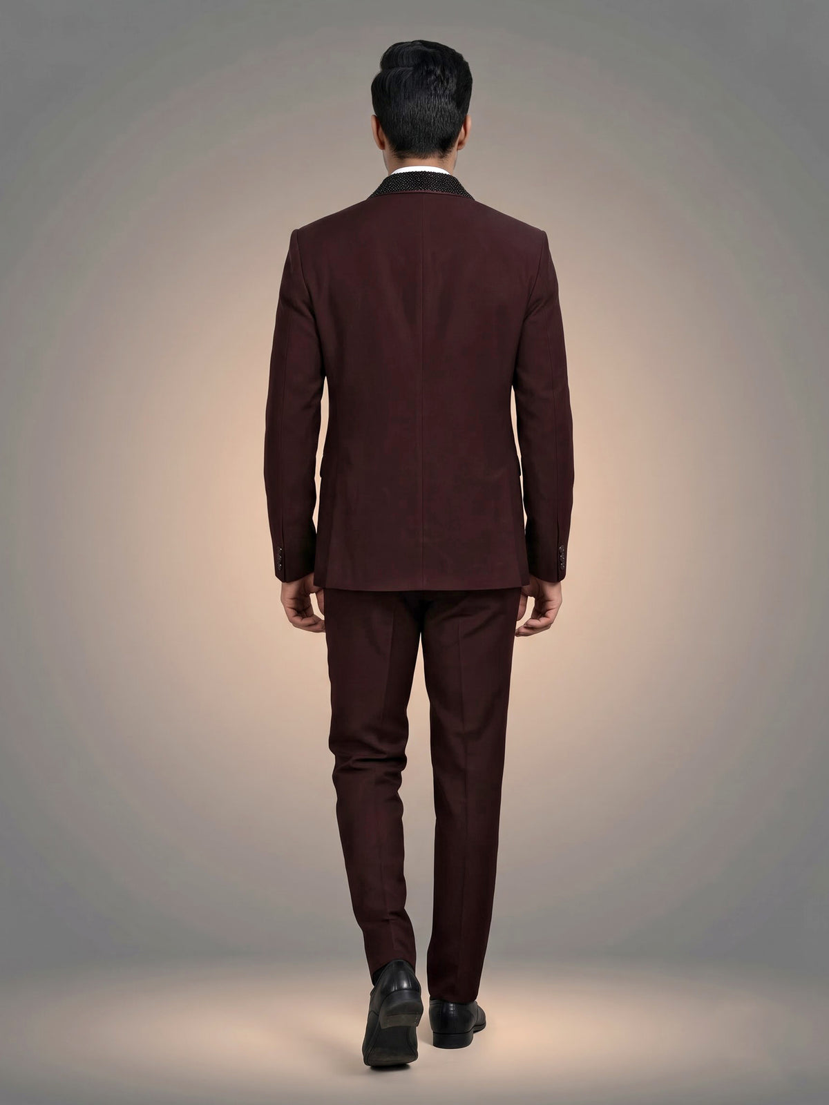 Wine maroon three-piece tuxedo suit with crystal brooch