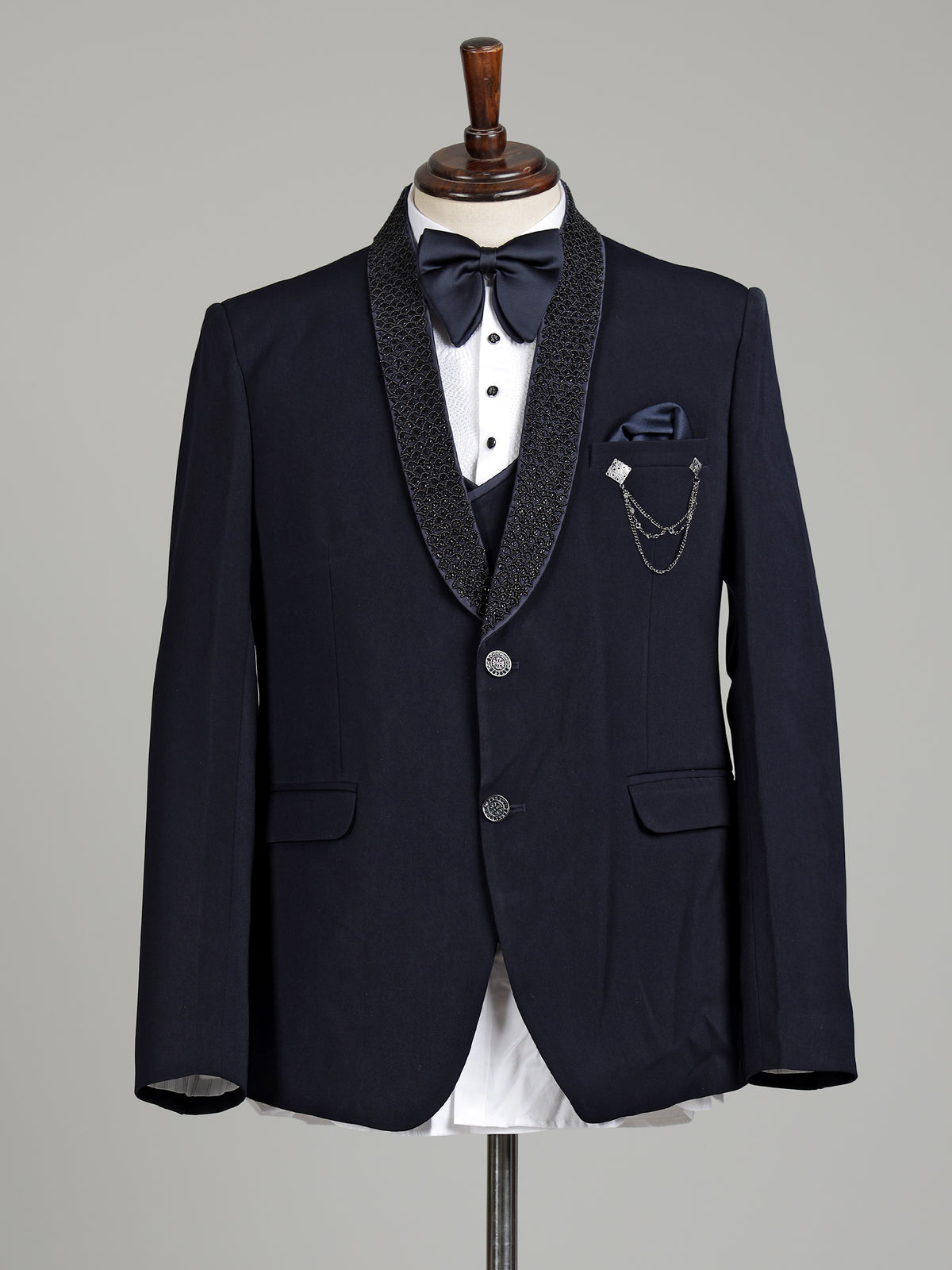 Midnight navy three-piece tuxedo suit with embellished shawl lapel