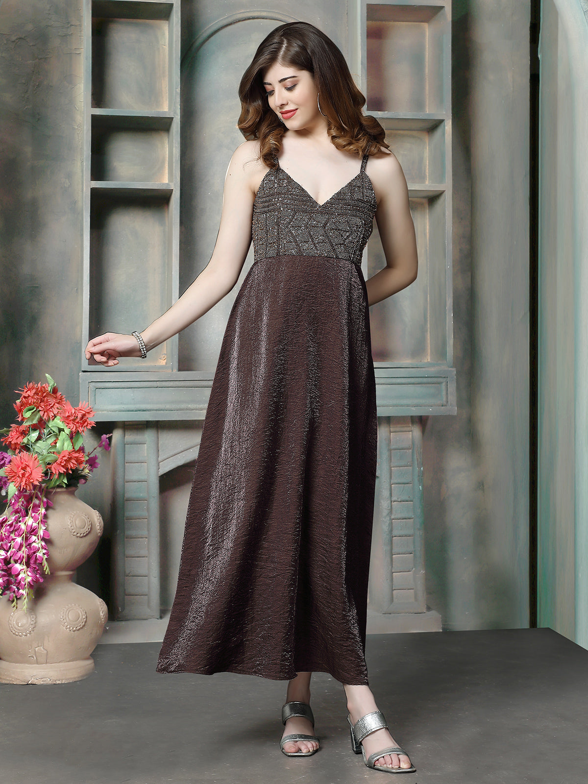 Brown metallic women western dress