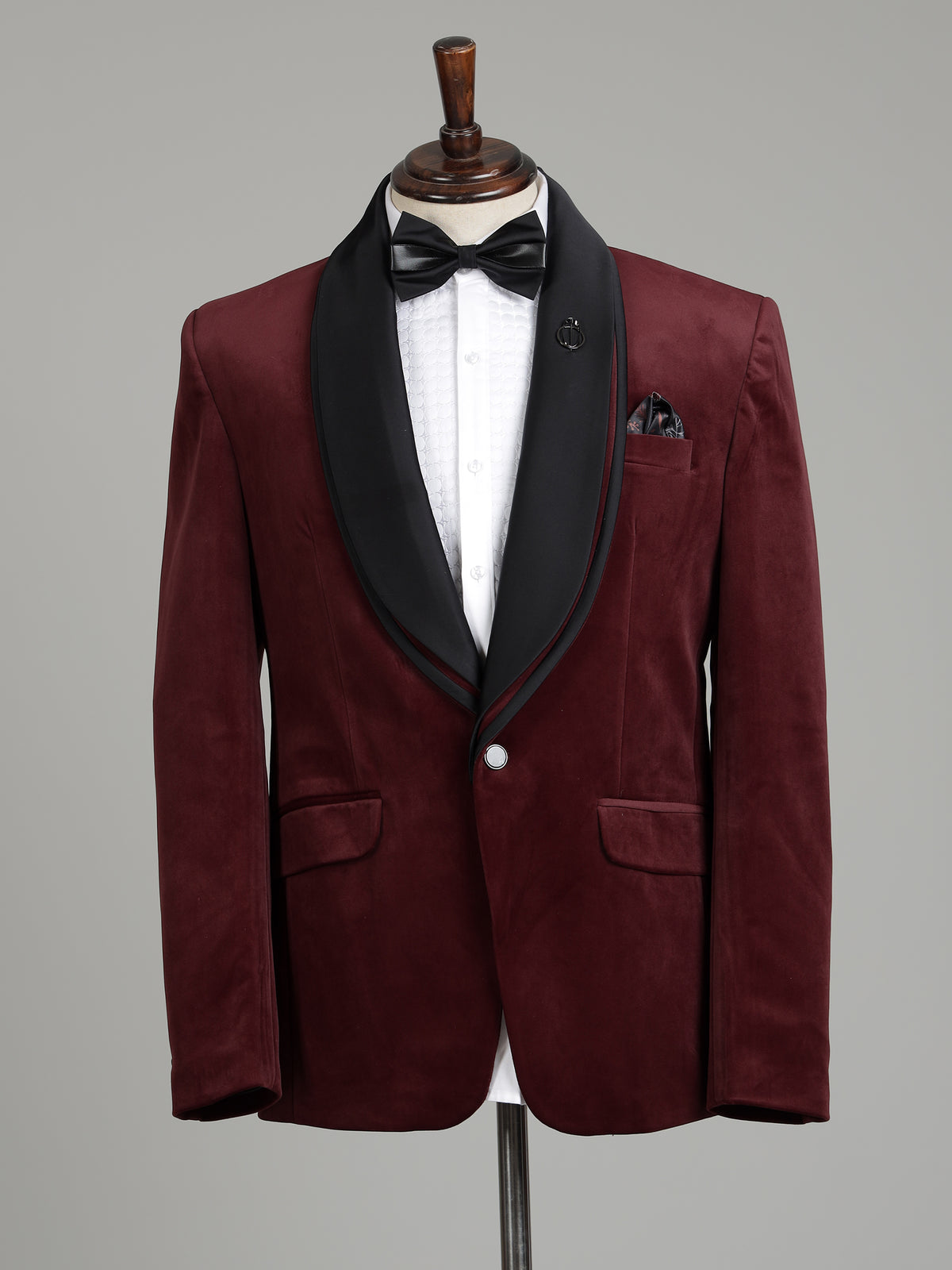 Rich maroon tuxedo suit with black satin shawl lapel