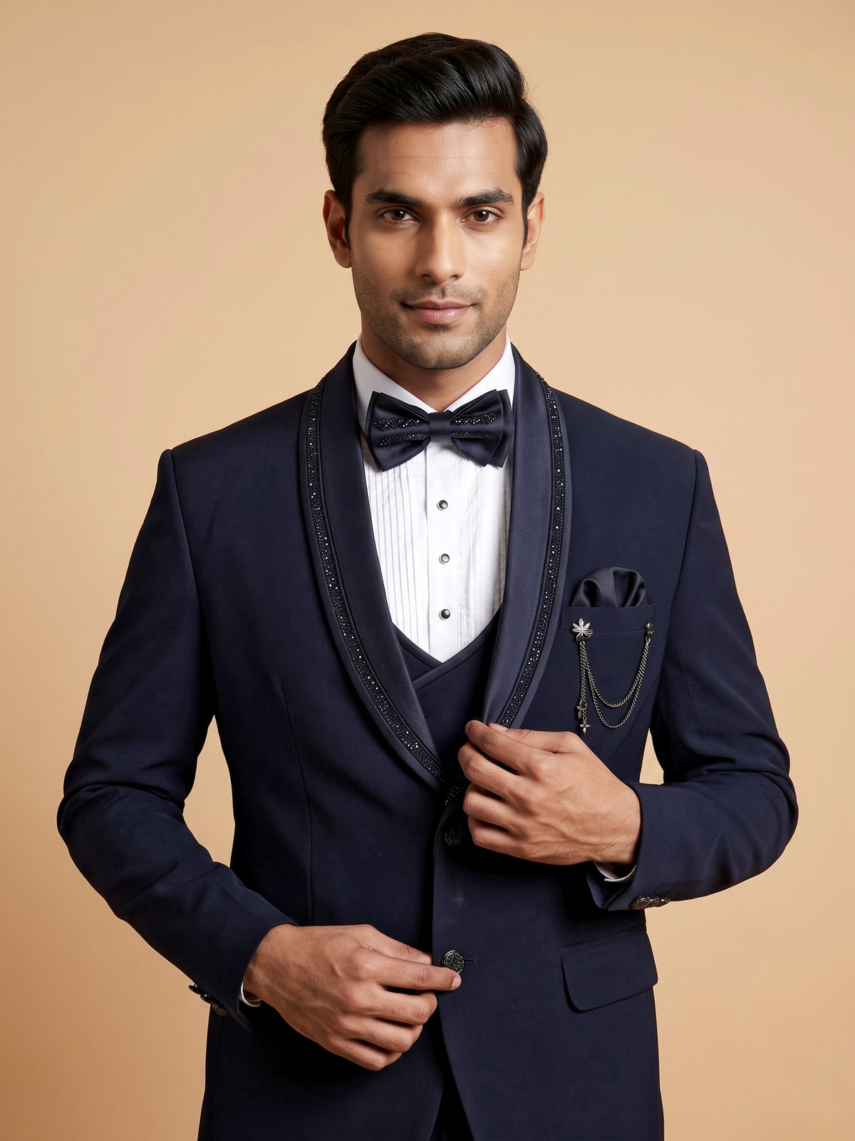 Midnight navy three-piece reception wear tuxedo suit