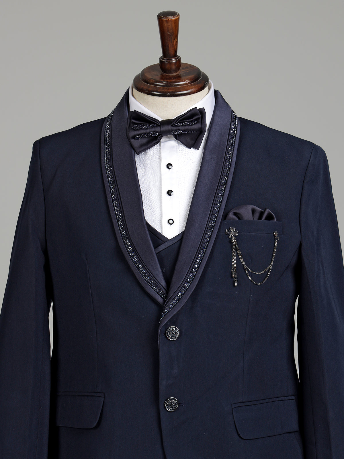 Midnight navy three-piece reception wear tuxedo suit