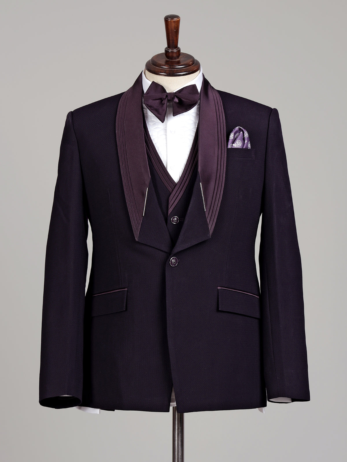 Midnight wine three-piece tuxedo suit with pleated satin lapel