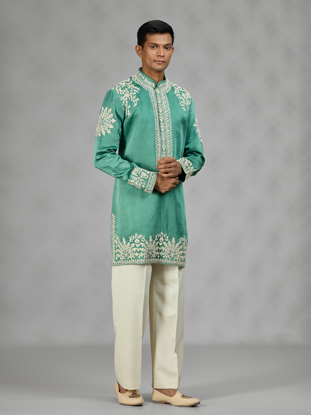 Green Kashmiri floral mens kurta suit