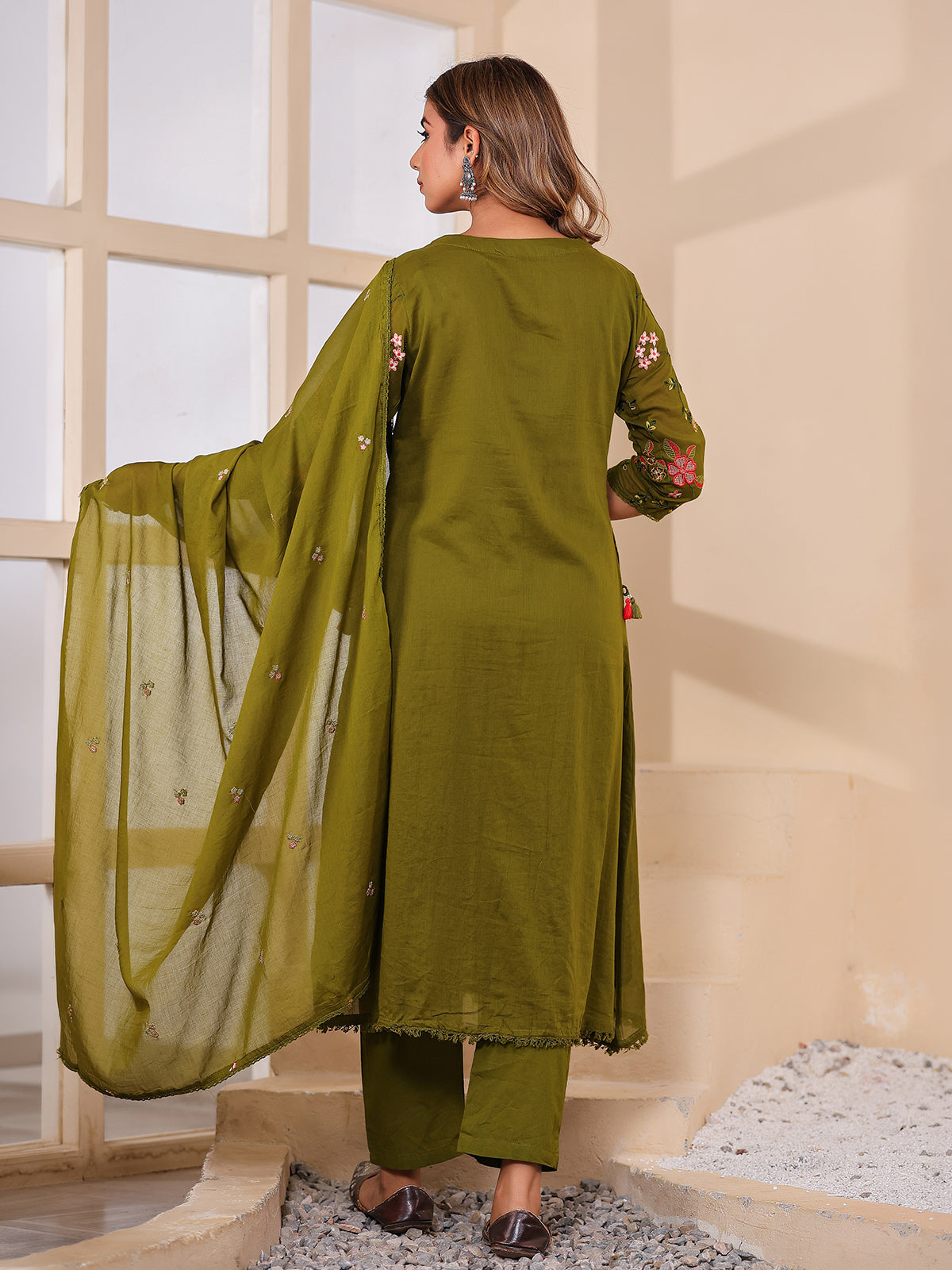 Olive green floral women kurti set