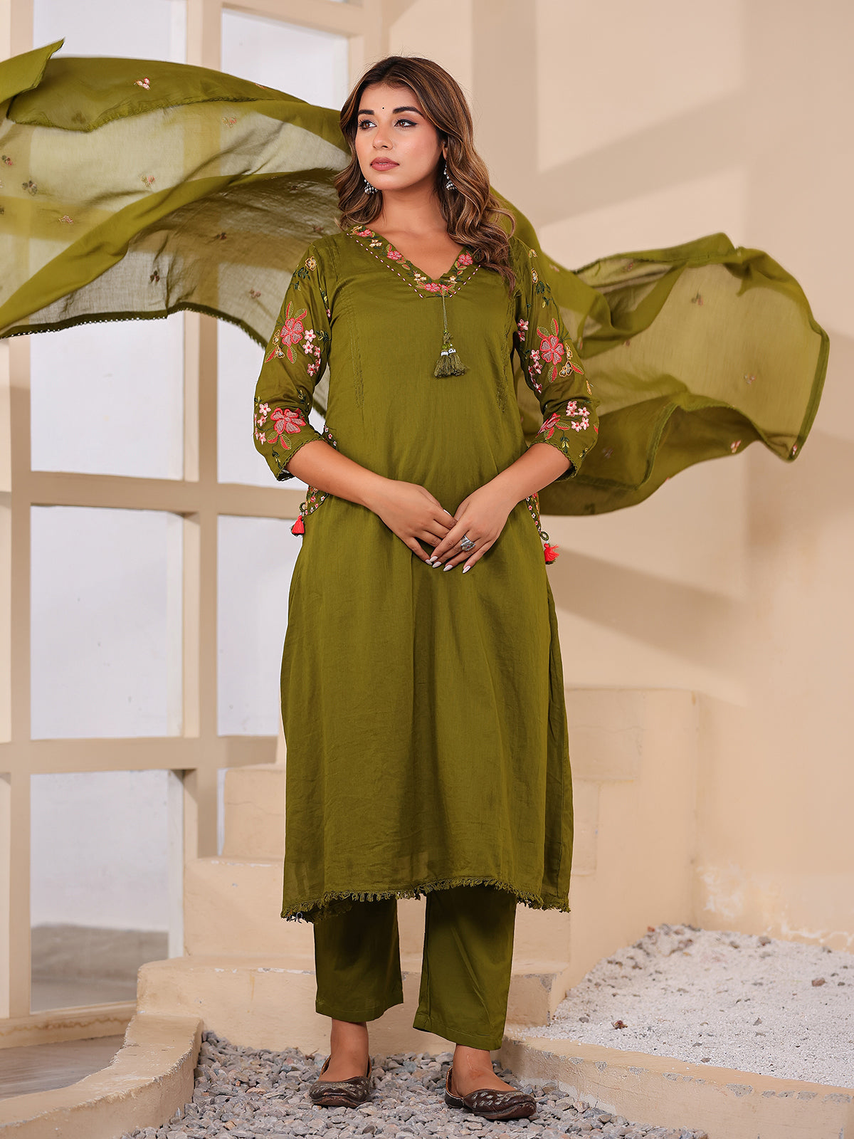 Olive green floral women kurti set