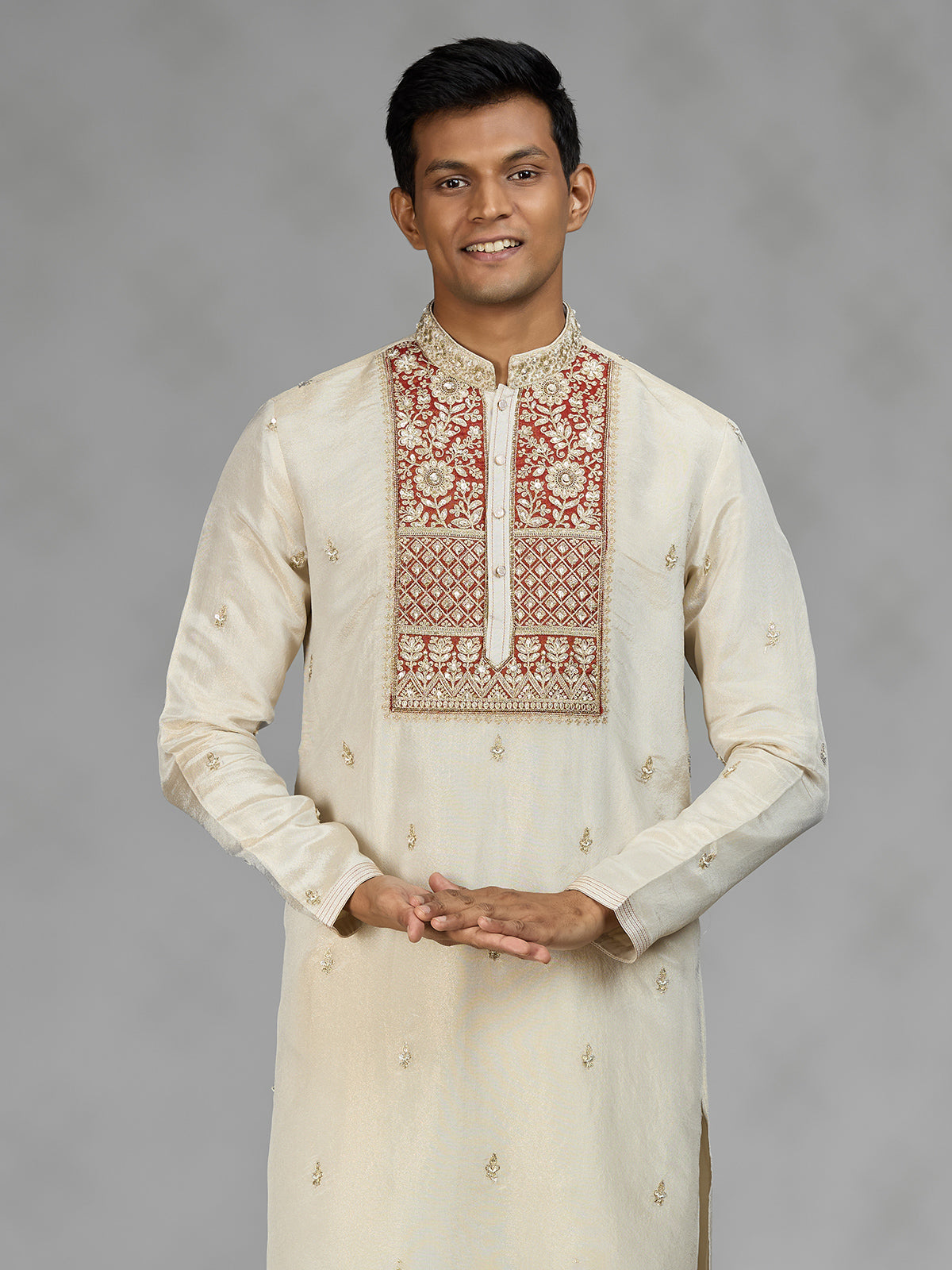 Cream floral grid mens kurta suit