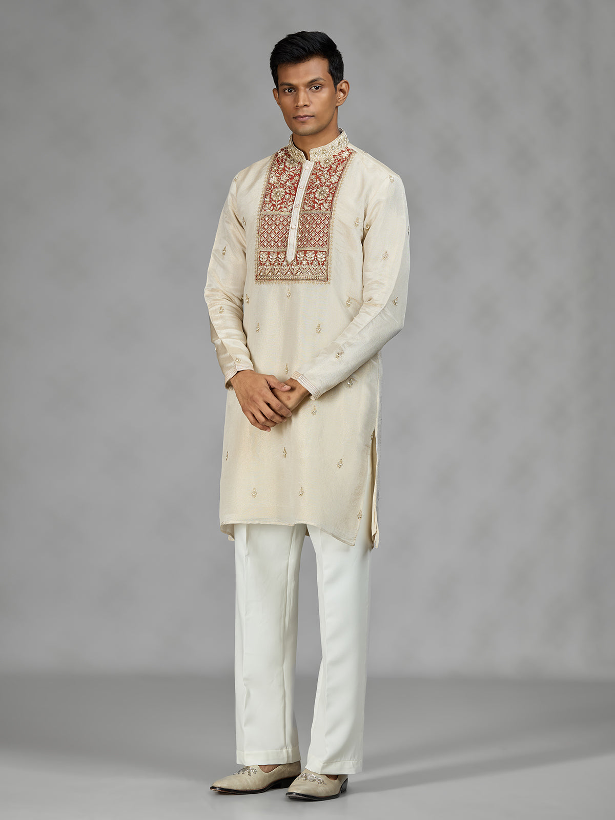 Cream floral grid mens kurta suit