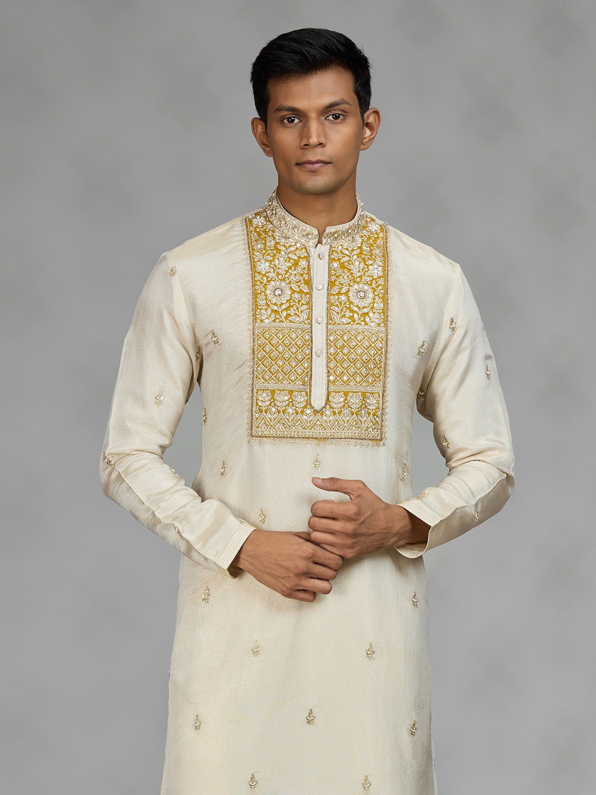 Cream ivory floral mens kurta suit