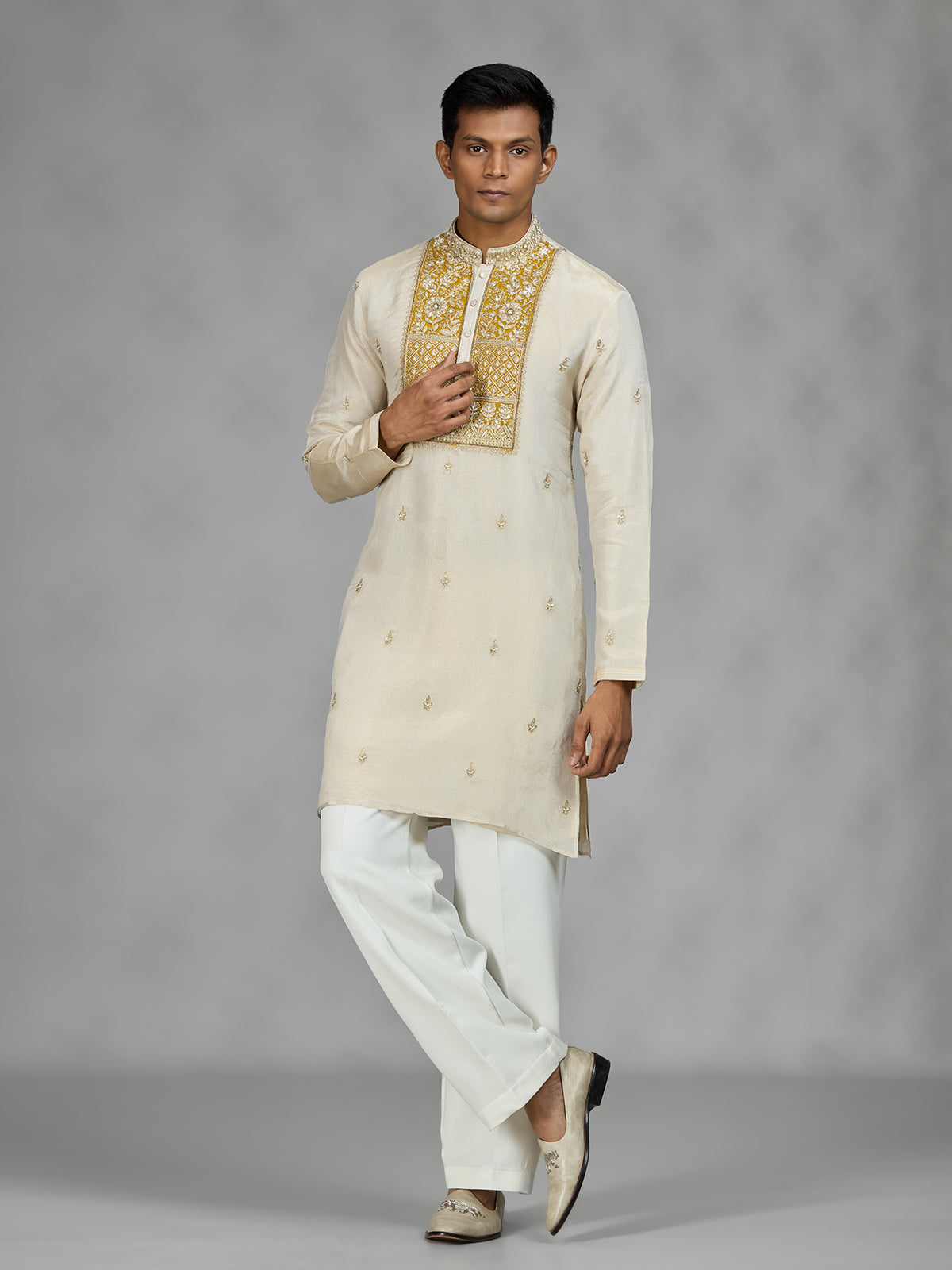 Cream ivory floral mens kurta suit