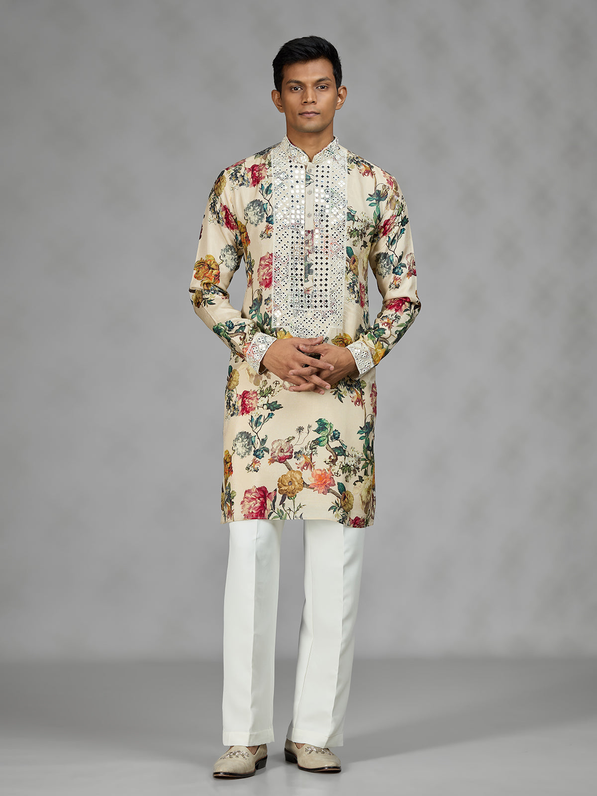 Cream vintage tapestry mens kurta suit