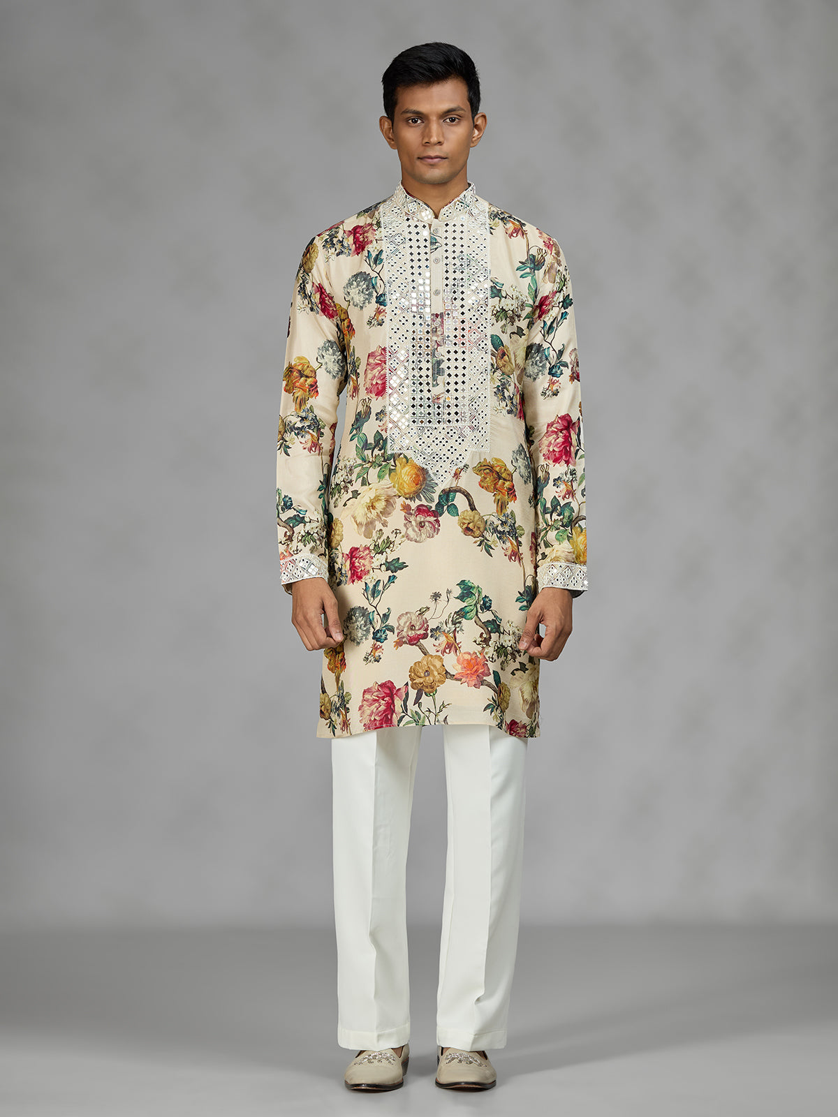 Cream vintage tapestry mens kurta suit