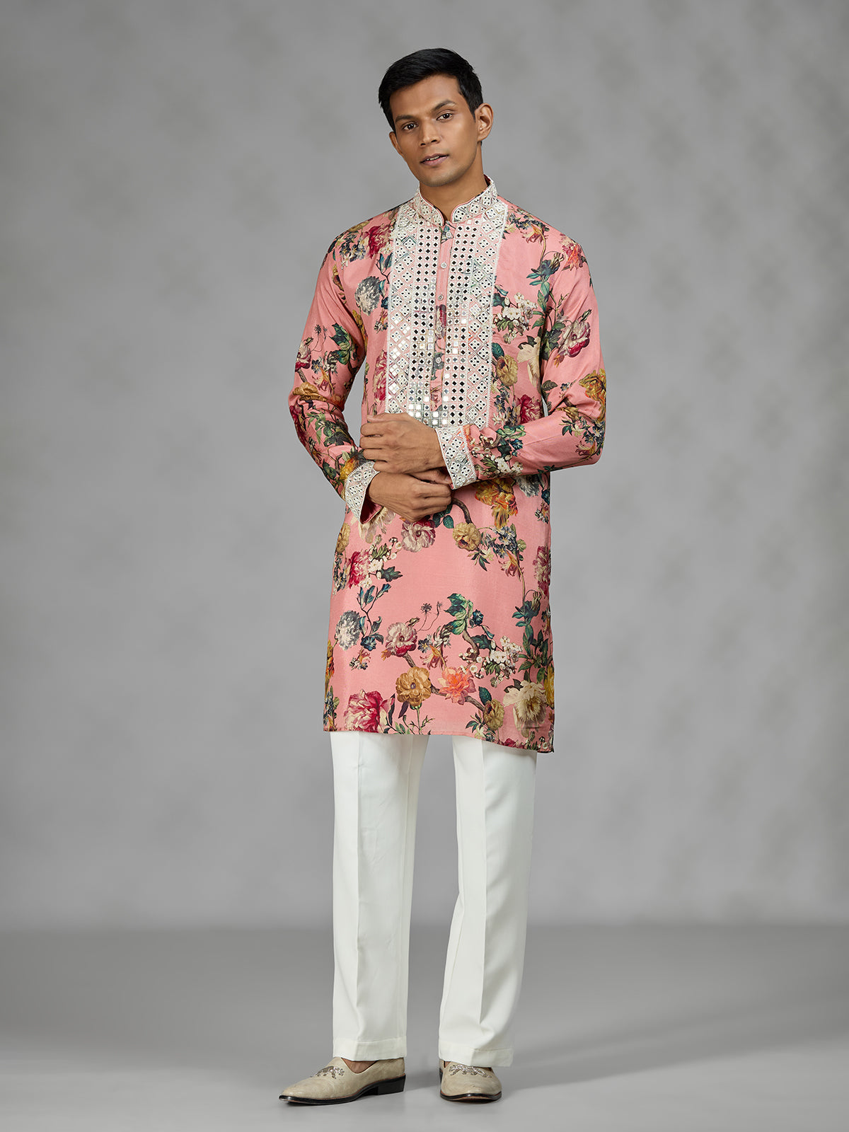 Pink vintage tapestry mens kurta suit