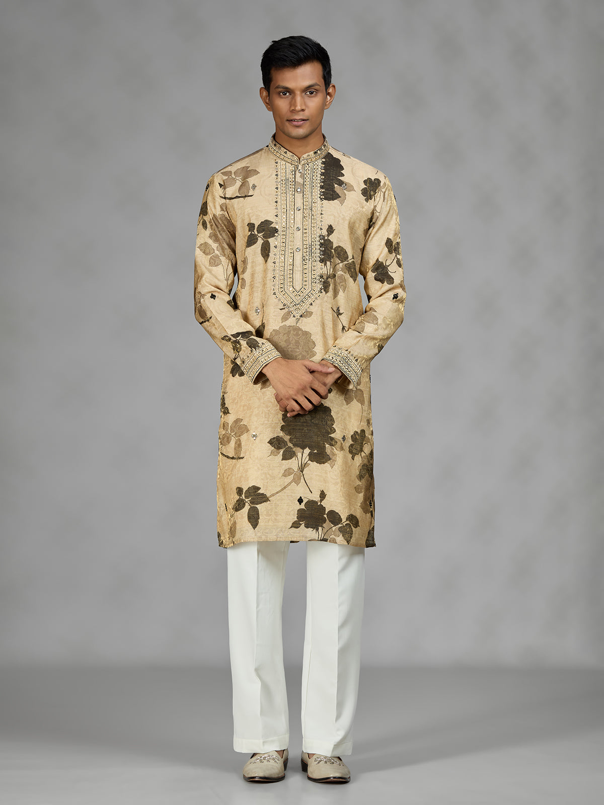Beige botanical shadow mens kurta suit