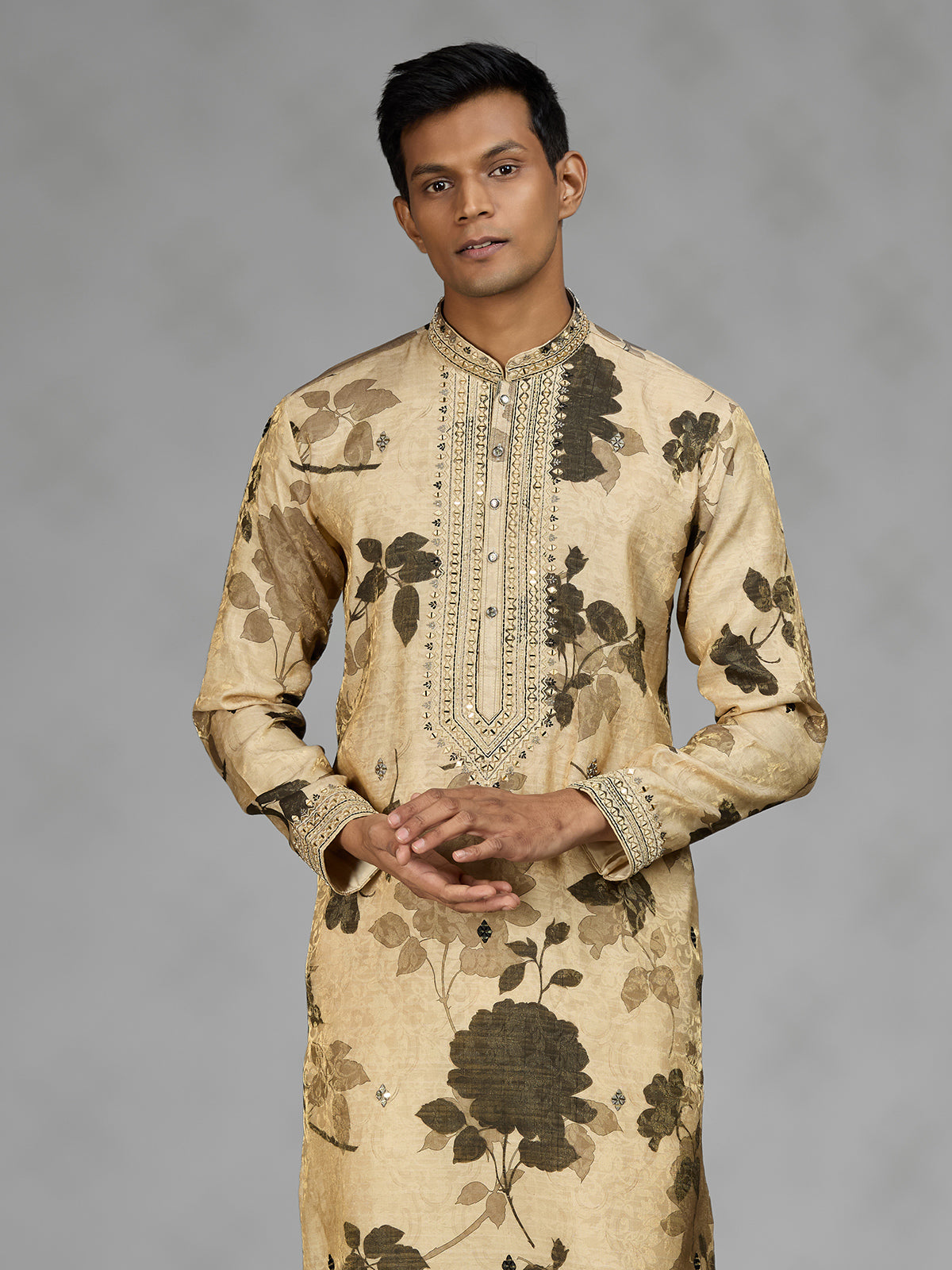 Beige botanical shadow mens kurta suit