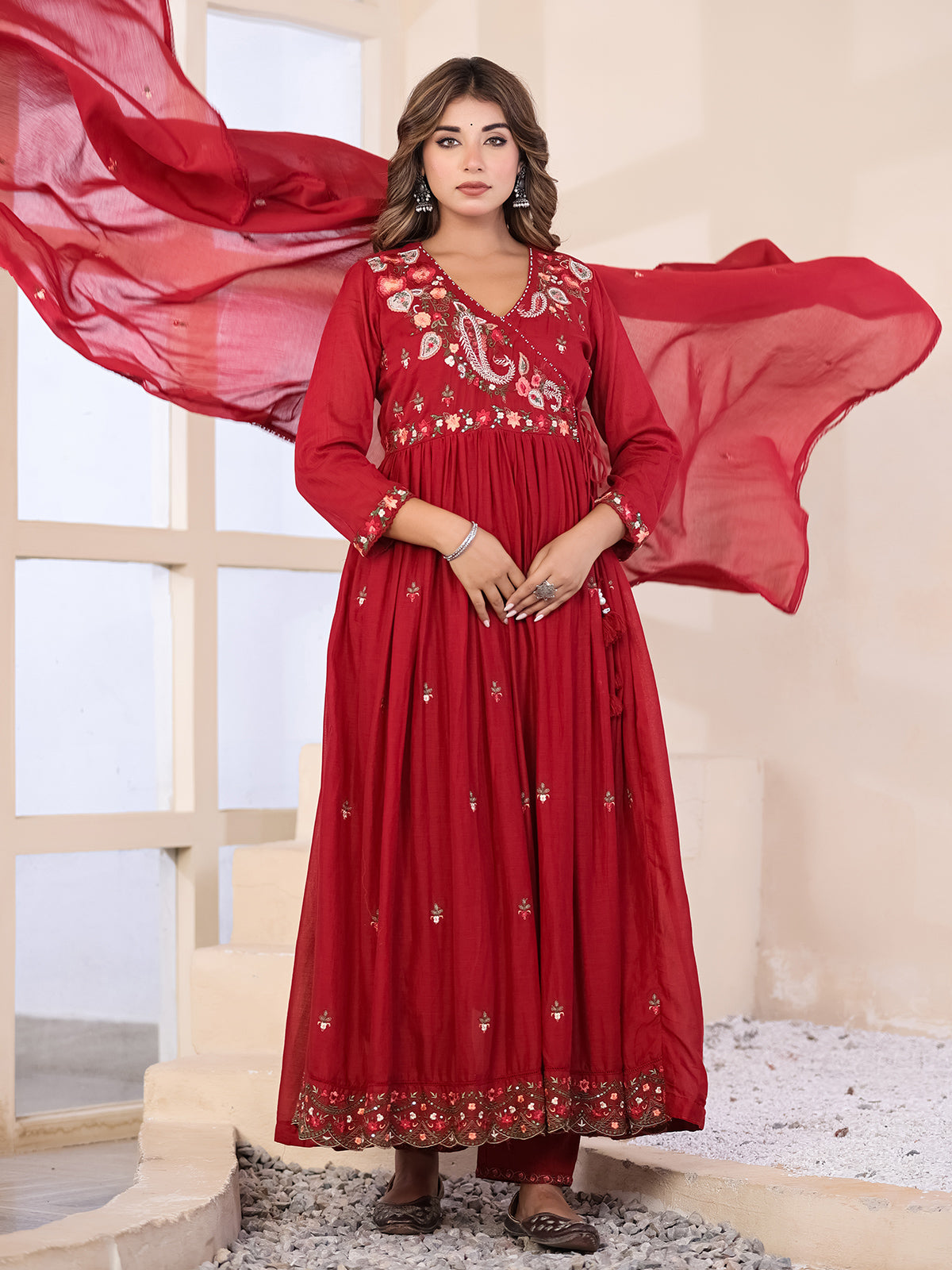 Deep ruby red floral women kurti set