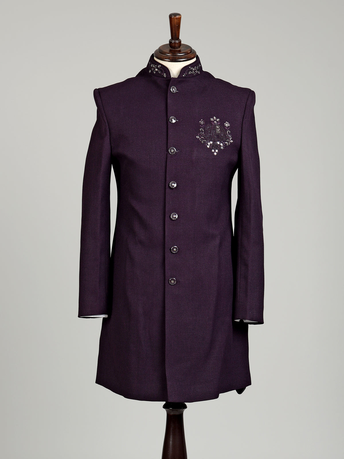 Deep wine tonal embellished crest indowestern suit for mens