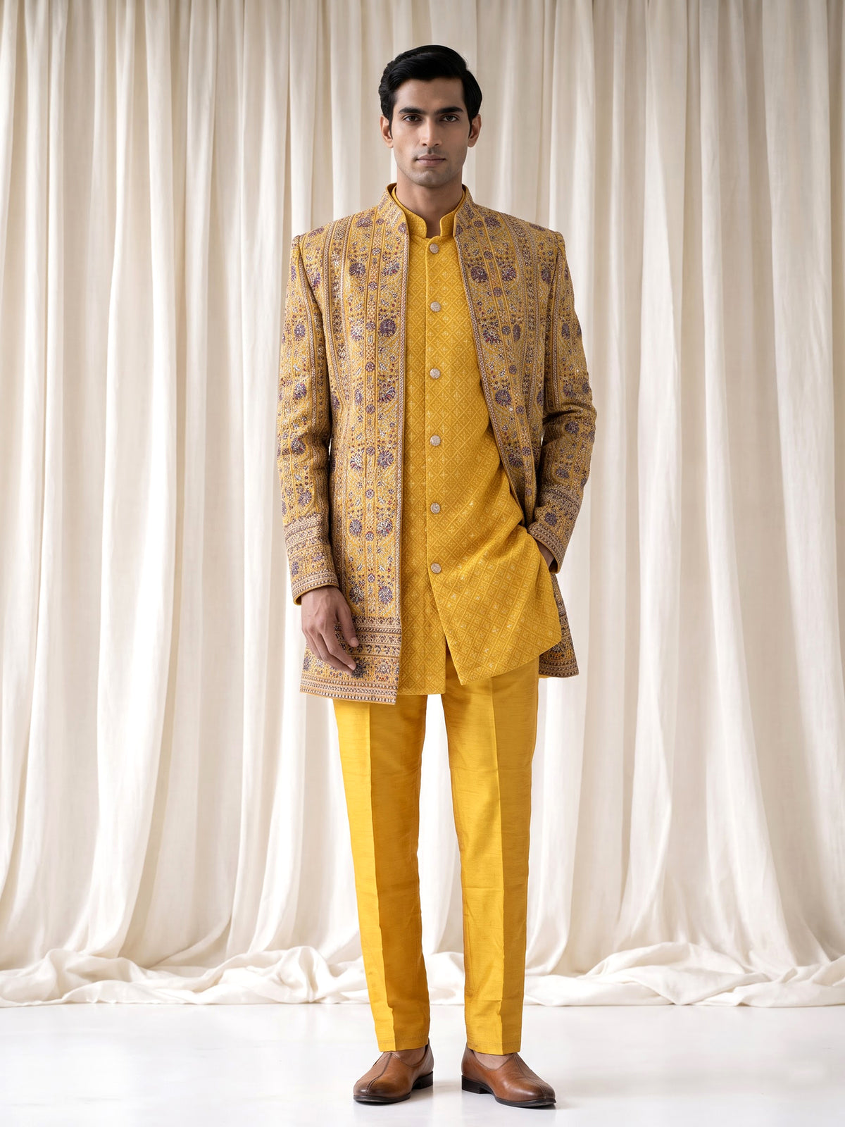 Mustard yellow luxury mens indo western