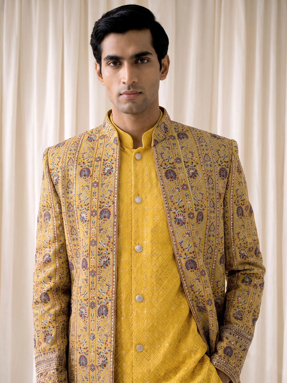 Mustard yellow luxury mens indo western