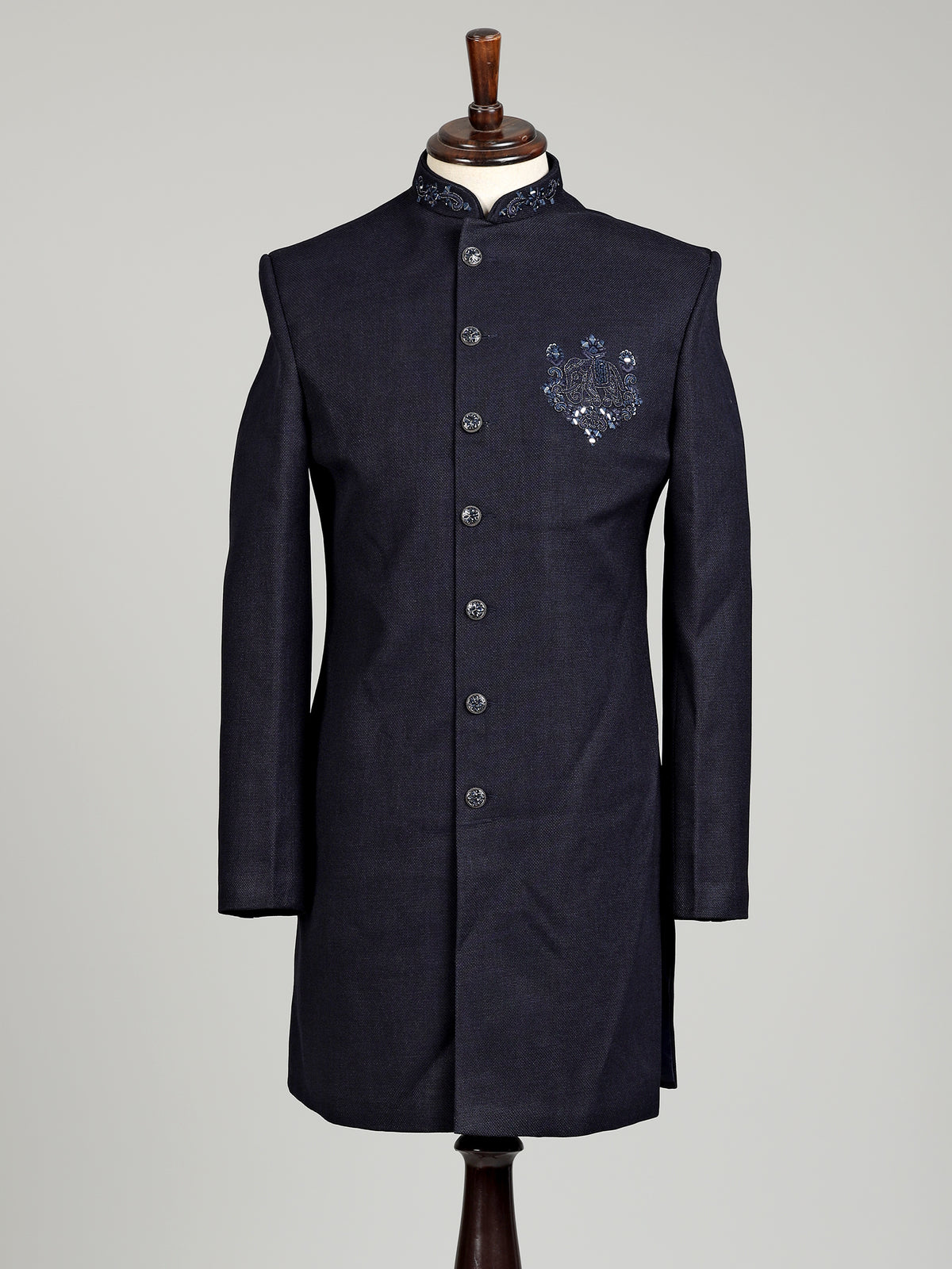 Deep navy embellished tonal crest indowestern suit for mens