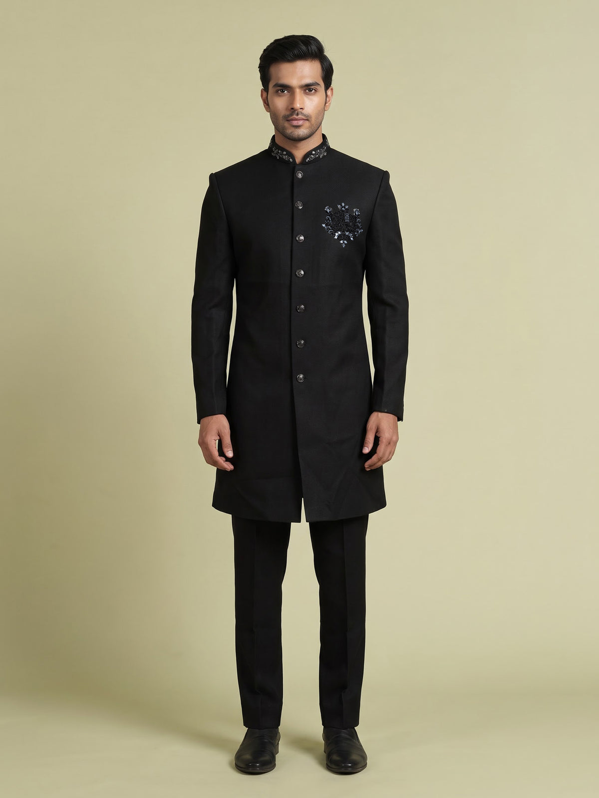 Black embellished tonal crest motif indowestern suit for mens