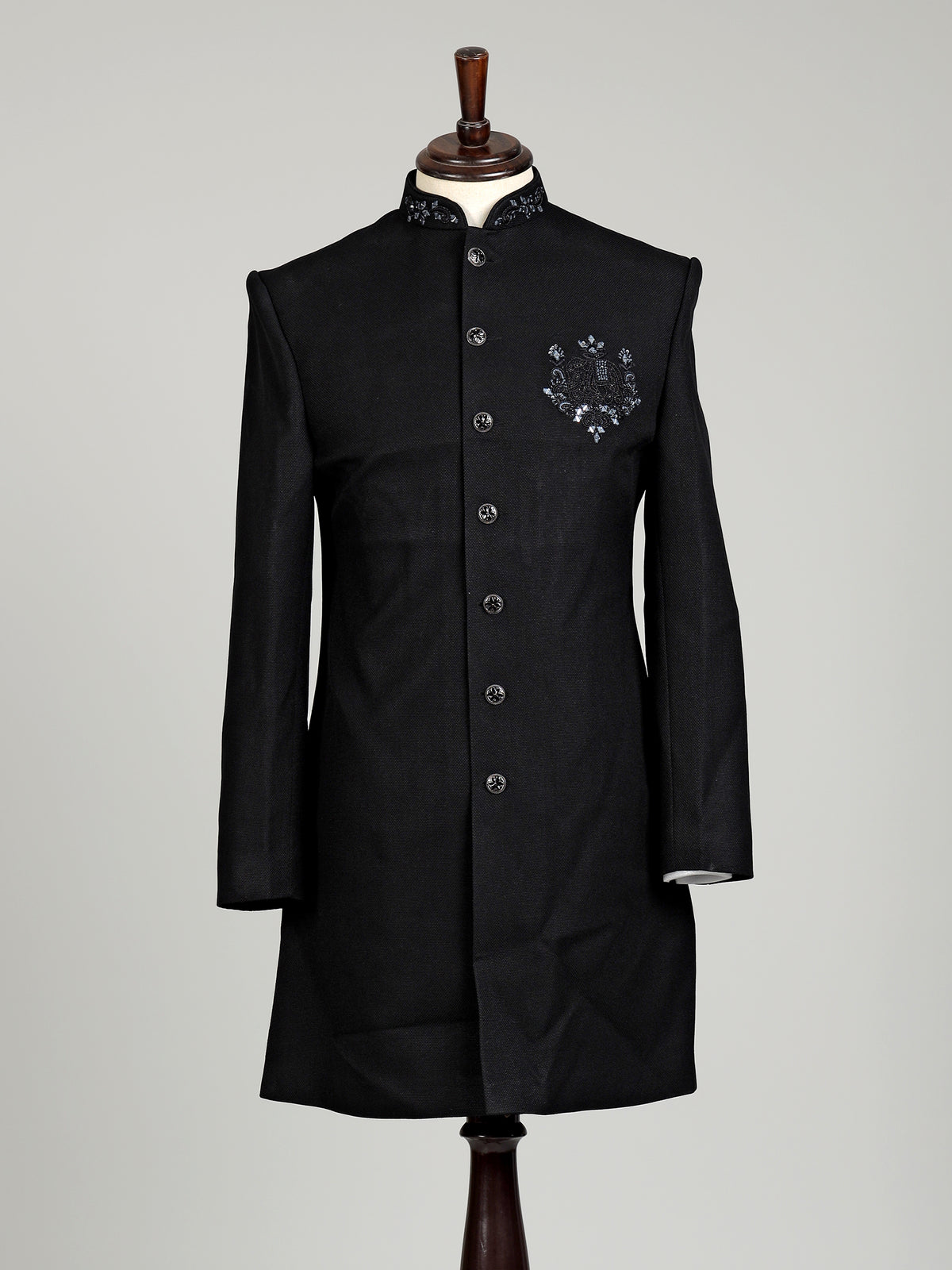 Black embellished tonal crest motif indowestern suit for mens
