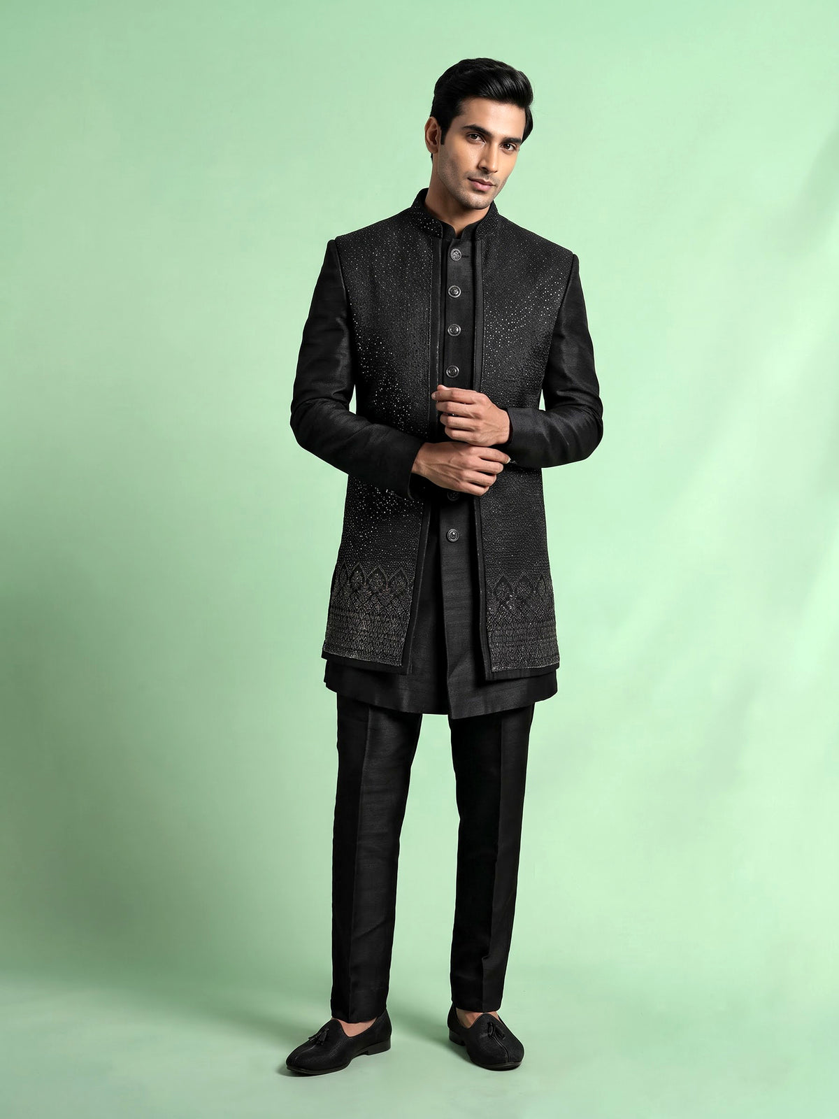 Jet black Swarovski embellished longline indowestern suit for mens