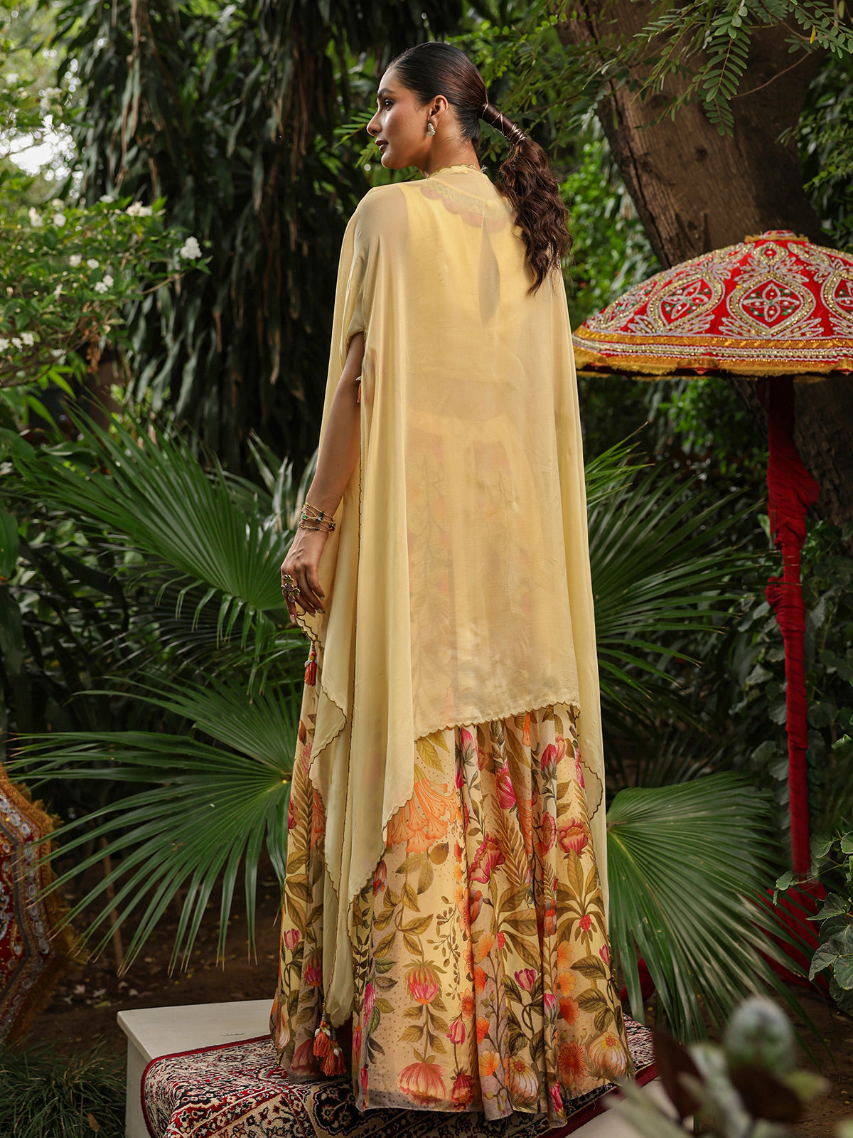 Elegant floral lehenga choli with heavy designer cape jacket
