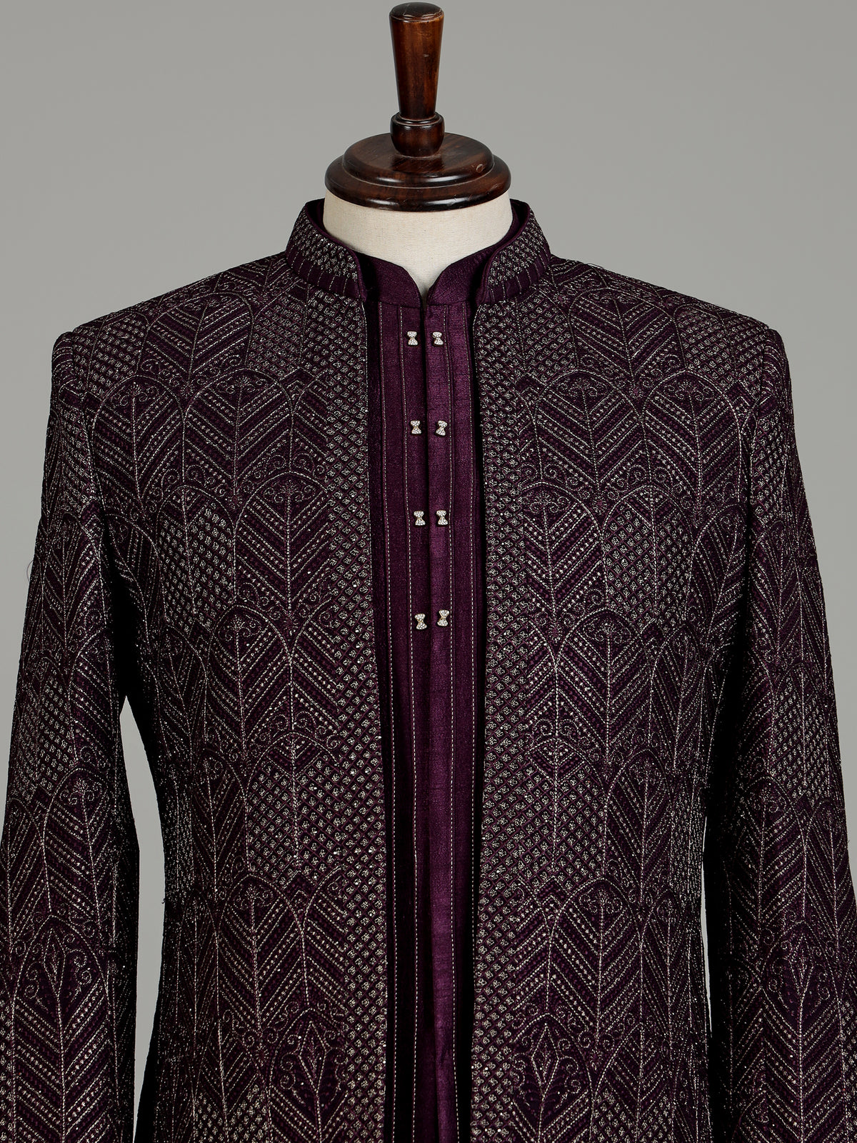 Deep wine embroidered layered indowestern suit for mens