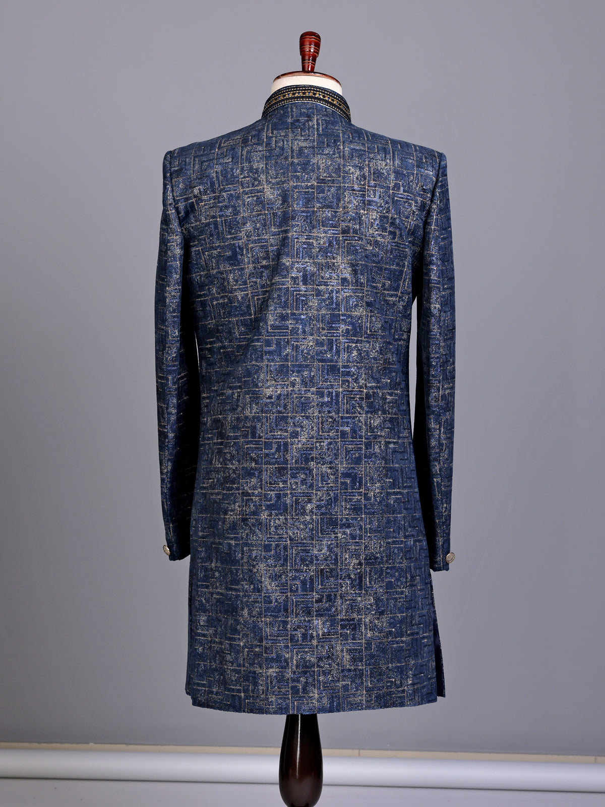 Blue jacquard silk premium mens indo western