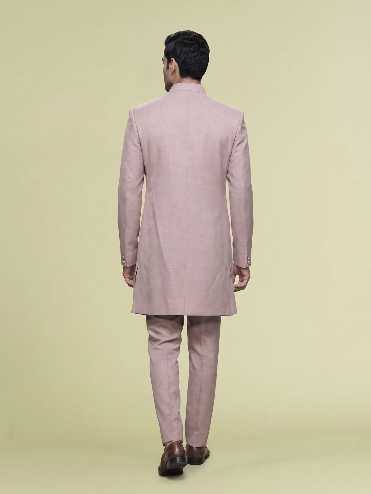 Dusty rose pink embellished crest motif indowestern suit for mens