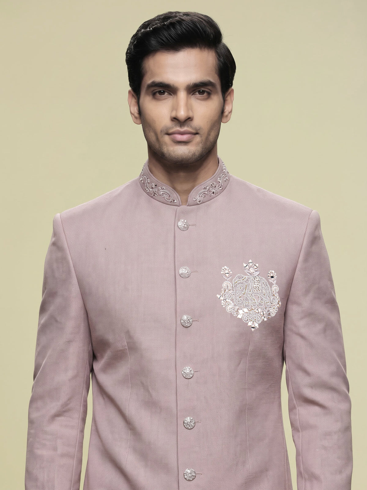 Dusty rose pink embellished crest motif indowestern suit for mens