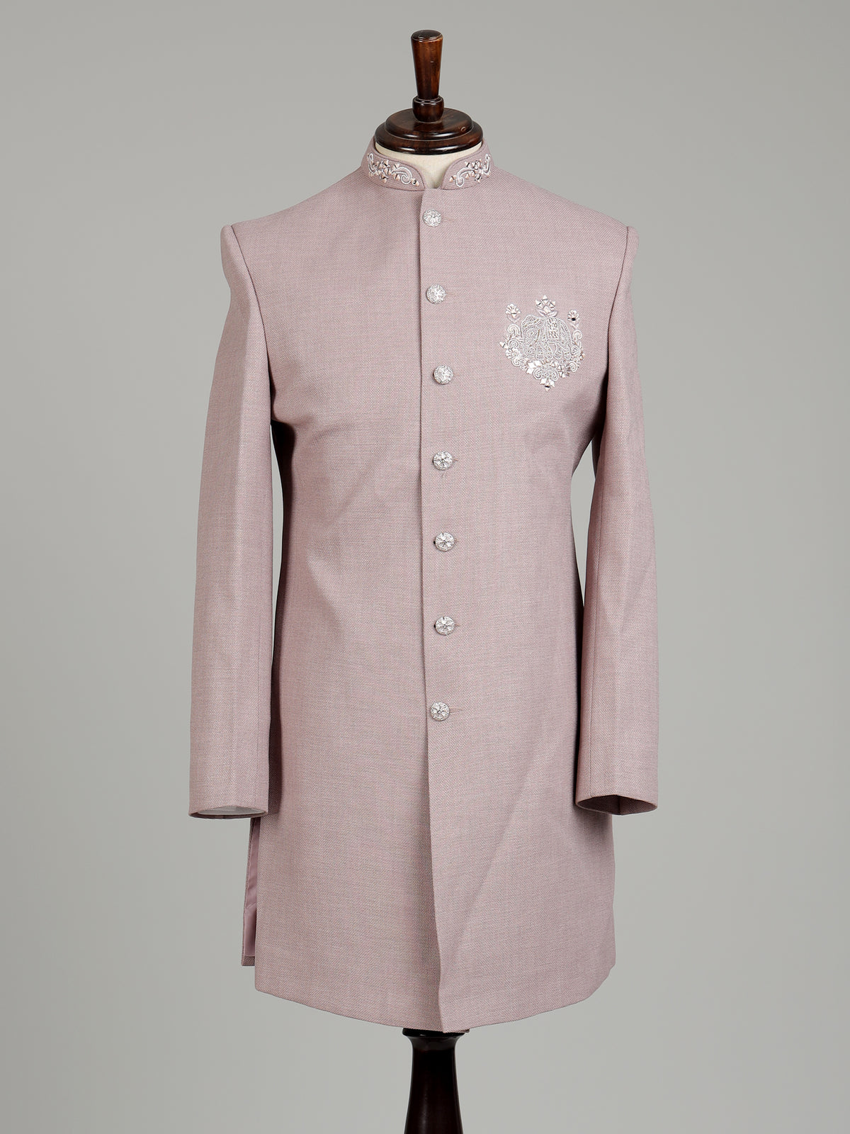 Dusty rose pink embellished crest motif indowestern suit for mens