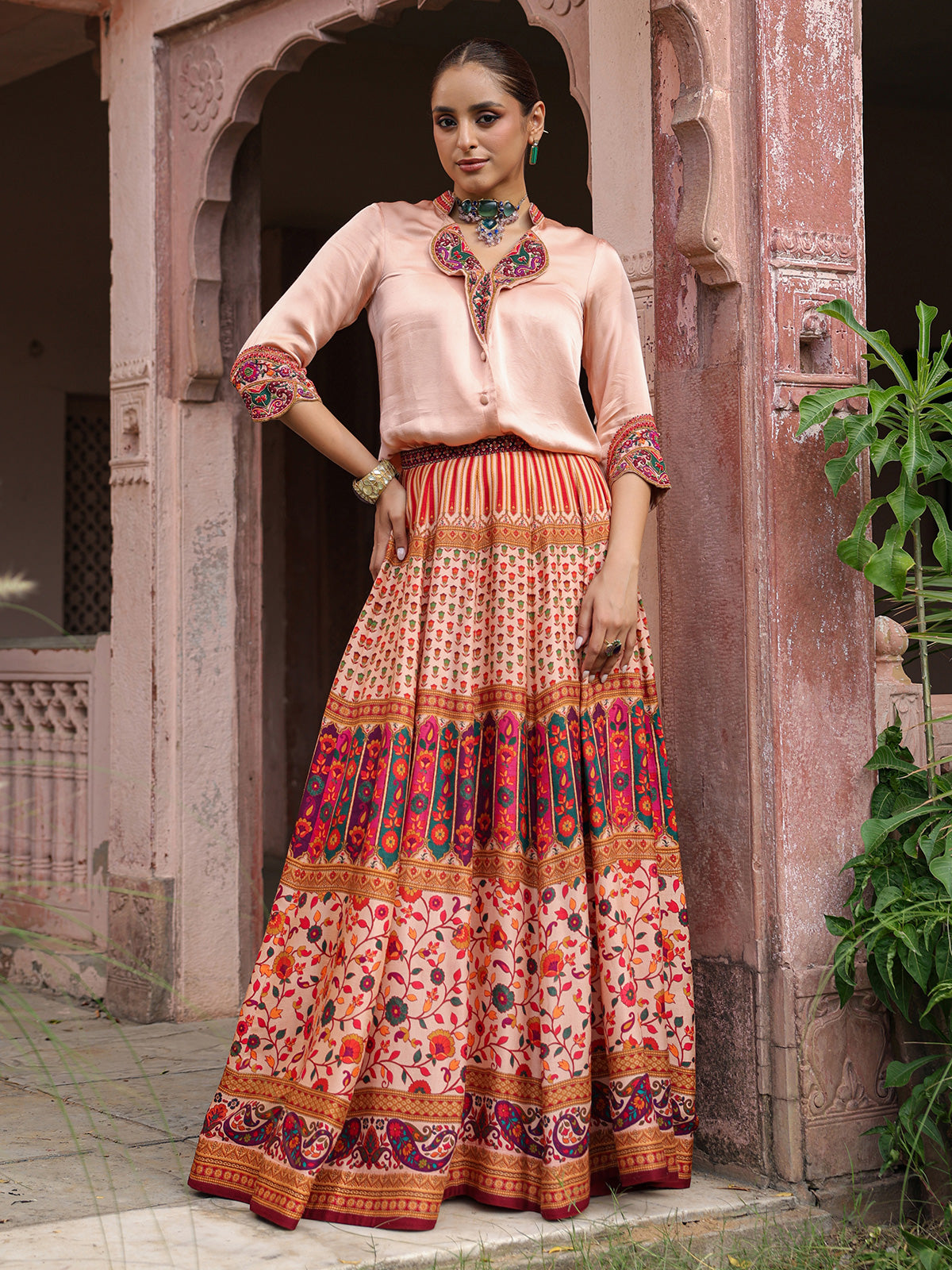 Traditional printed lehenga choli with stylish cowl top blouse