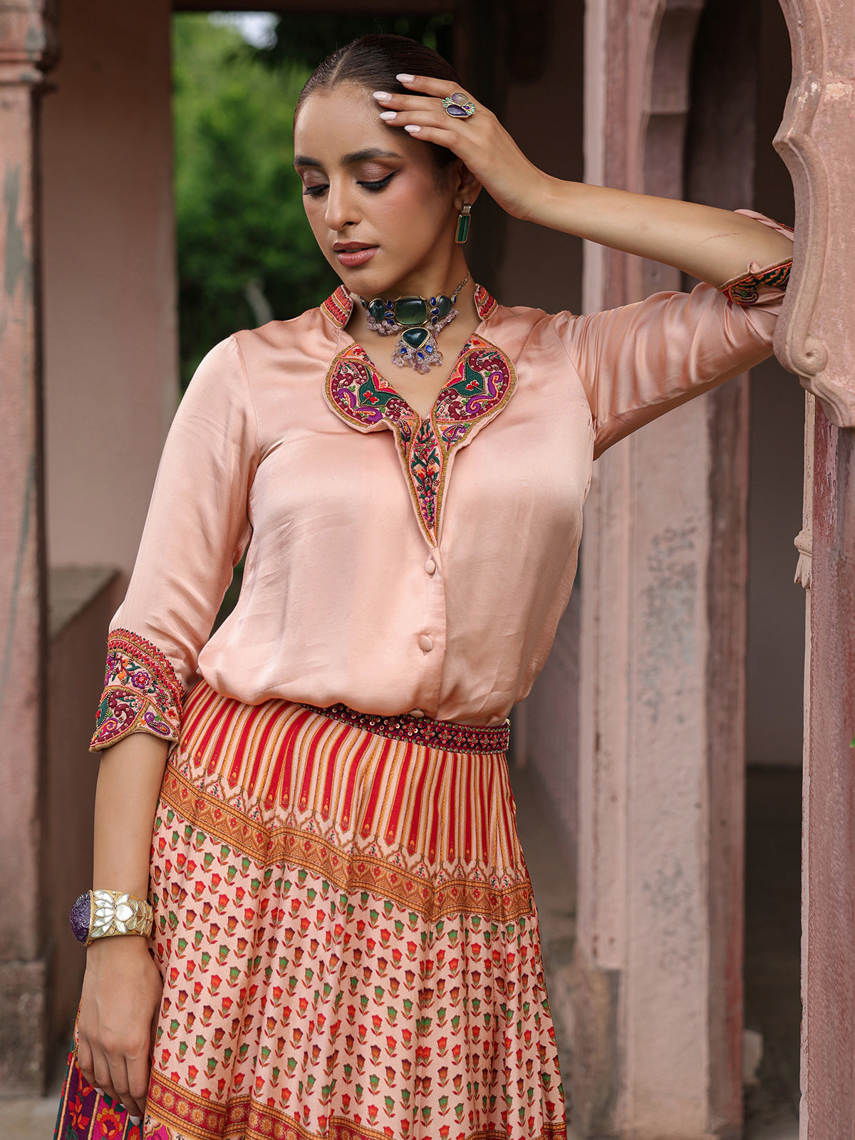 Traditional printed lehenga choli with stylish cowl top blouse