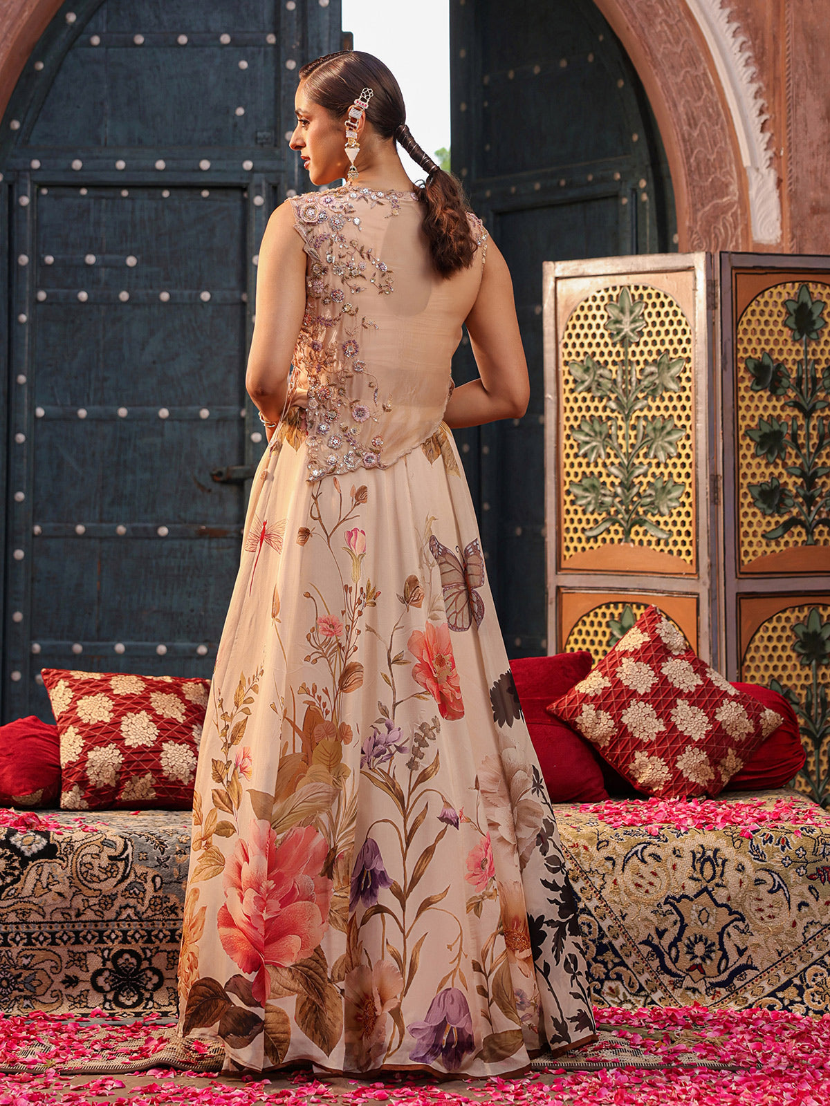 Beige floral printed lehenga choli with intricate embellished blouse