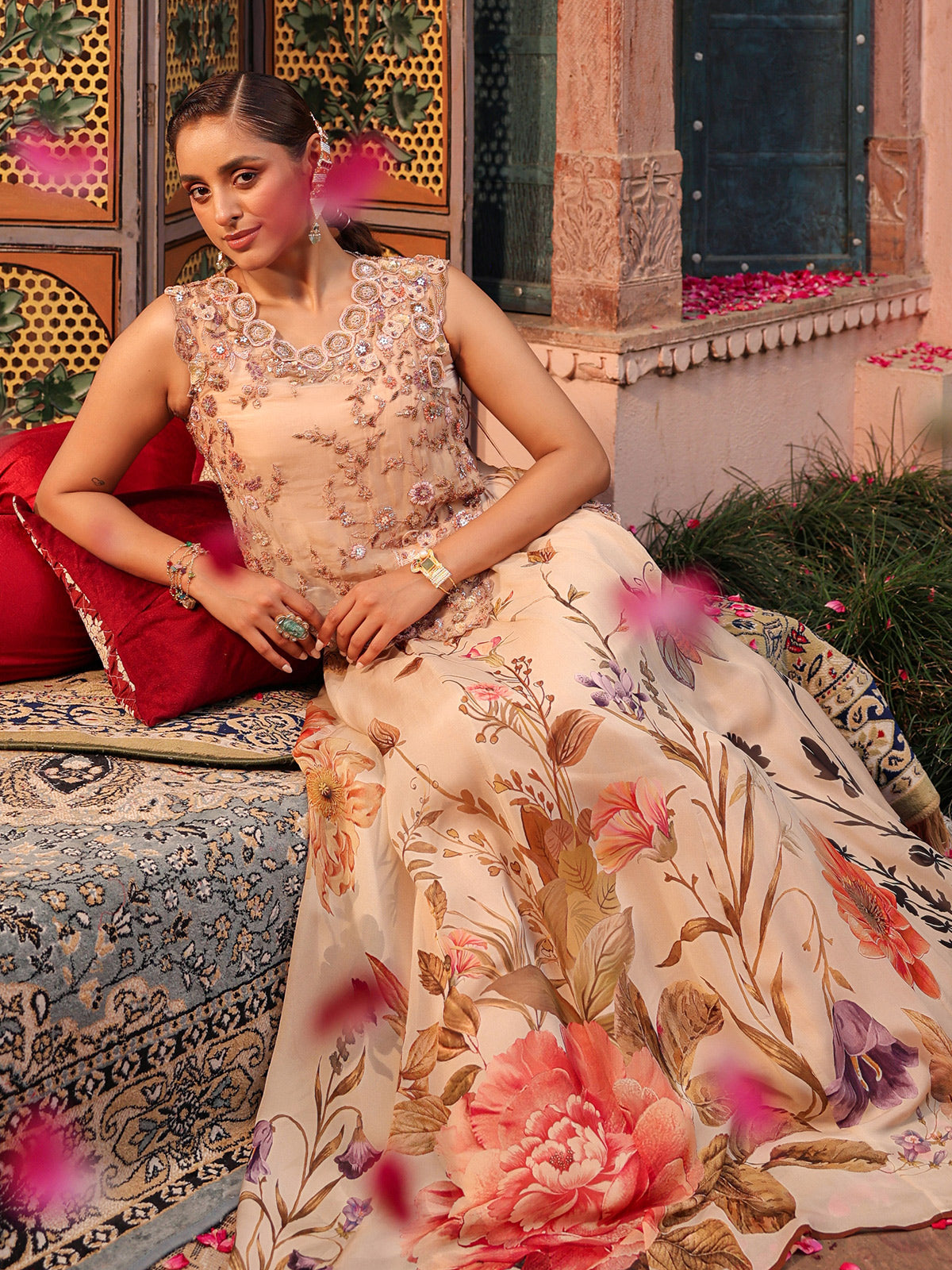 Beige floral printed lehenga choli with intricate embellished blouse