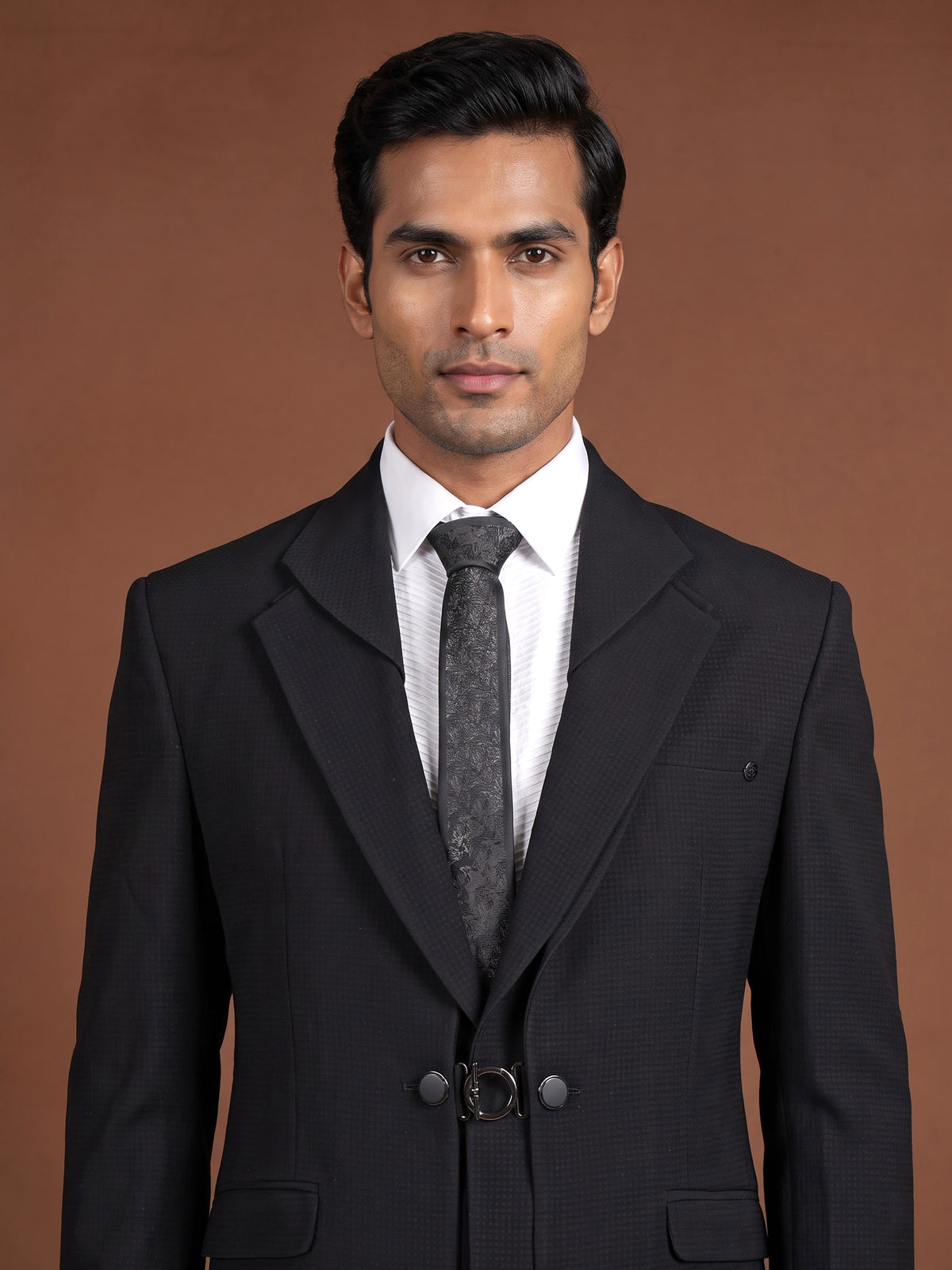 Classic black silk designer notch lapel coat suit for mens
